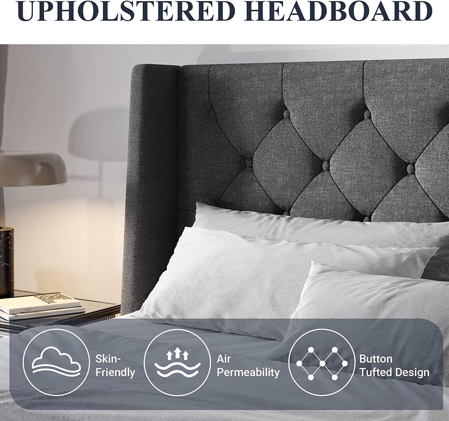 Allewie Queen Size Upholstered Platform Bed Frame with Wingback and Button Tufted Headboard, Dark Grey - Inhomebuy
