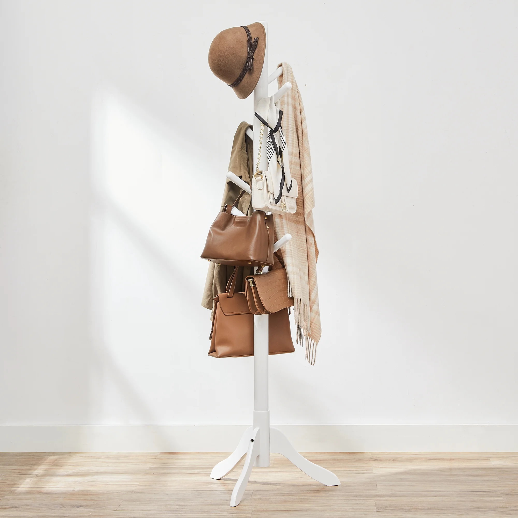 VASAGLE 8 Hooks Coat Rack Solid Wood Free Standing Coat Rack with Tree-Shaped Coat Rack 3 Height Options for Clothes Hats Bags for Living Room Bedroom Home Office Dark Walnut - Inhomebuy