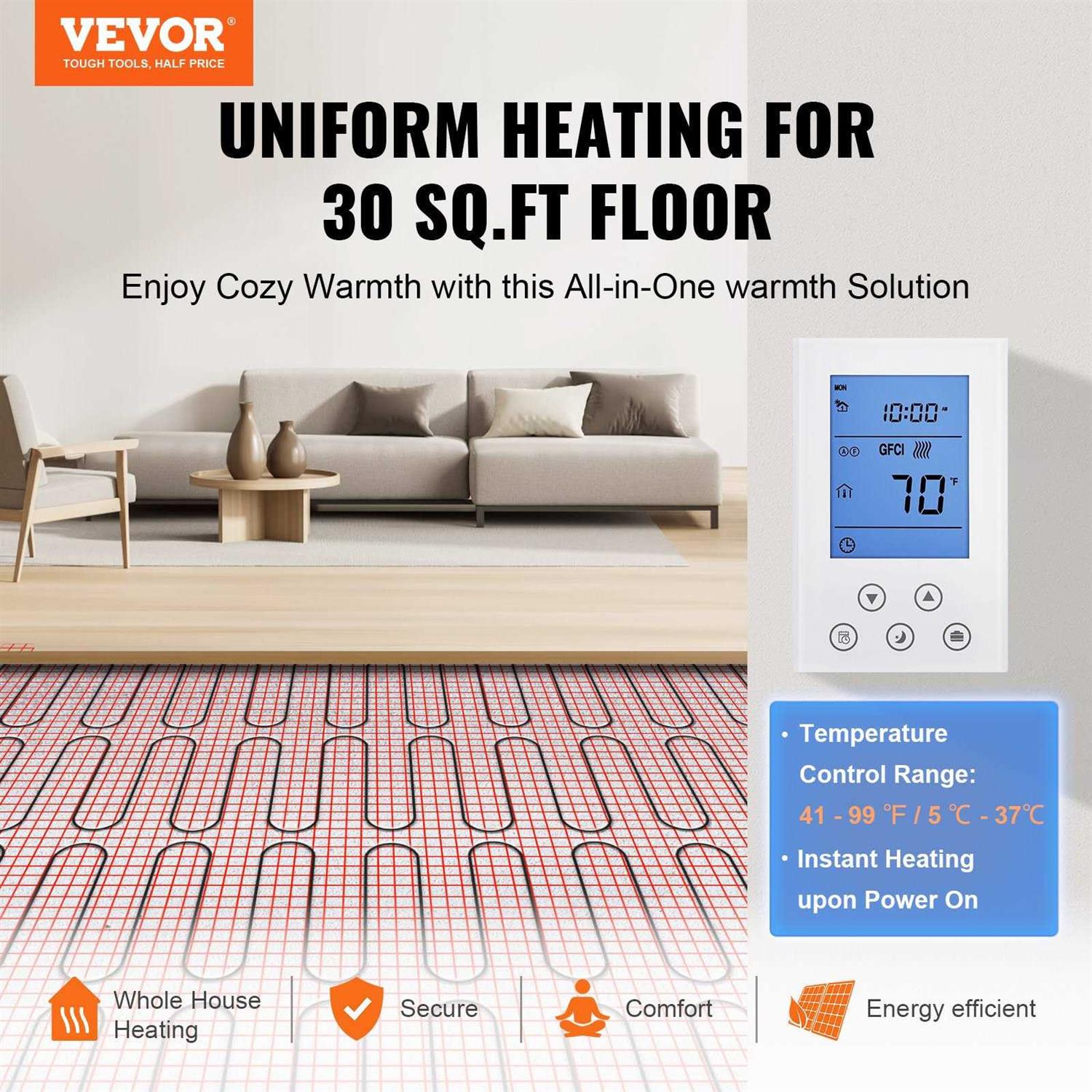 VEVOR Floor Heating Mat Electric Radiant In-Floor Heated Warm System with Digital Floor Sensing Thermostat - Inhomebuy