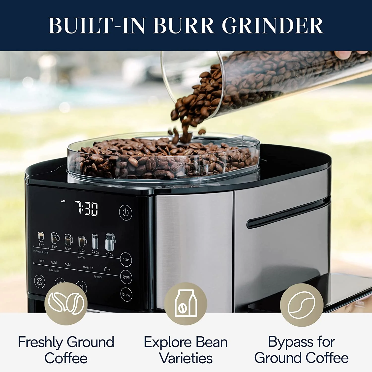 DeLonghi TrueBrew Drip Coffee Maker with built in grinder: Single Serve, 8 oz to 24 oz with 40 oz s/s Carafe, Hot or Iced Coffee | CAM51035M - Inhomebuy