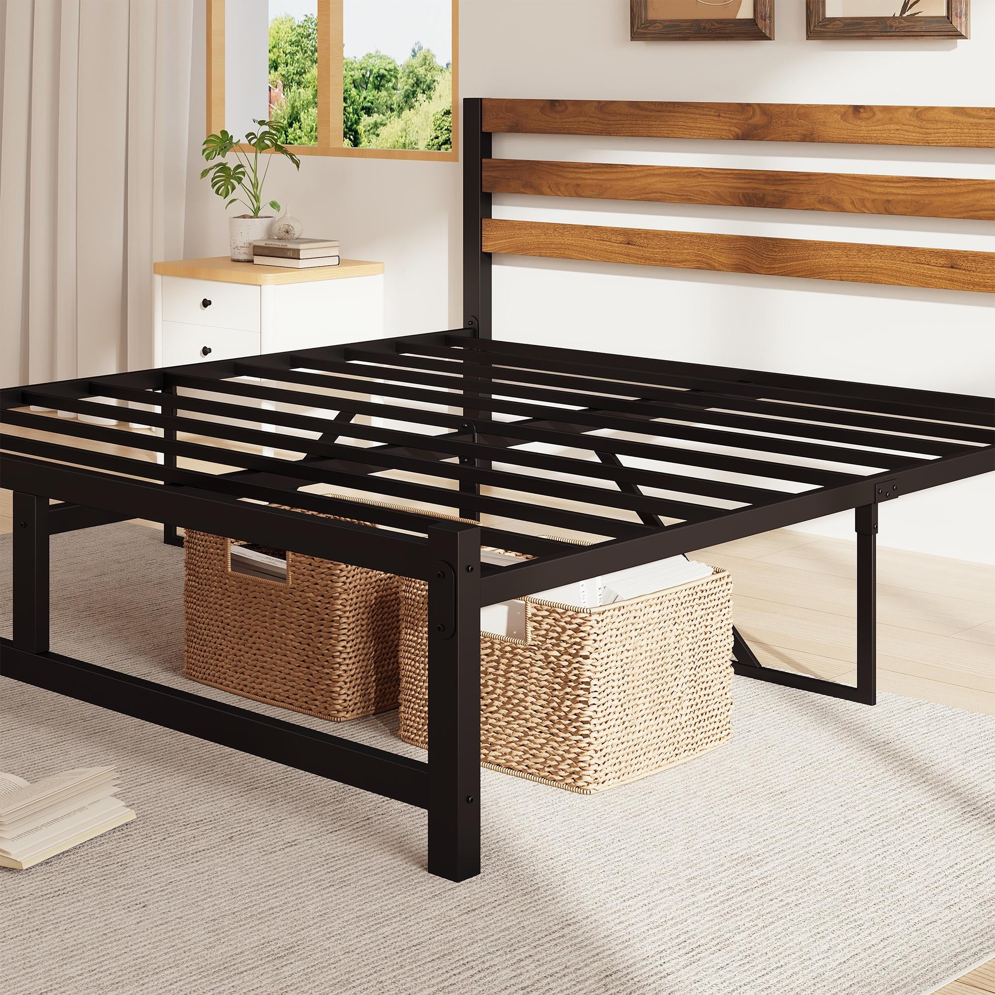 uhomepro Queen Platform Bed Frame with Headboard, Rustic Brown and Black Metal Platform Bed Frame with Heavy Duty Metal Slats, No Box Spring Needed - Inhomebuy