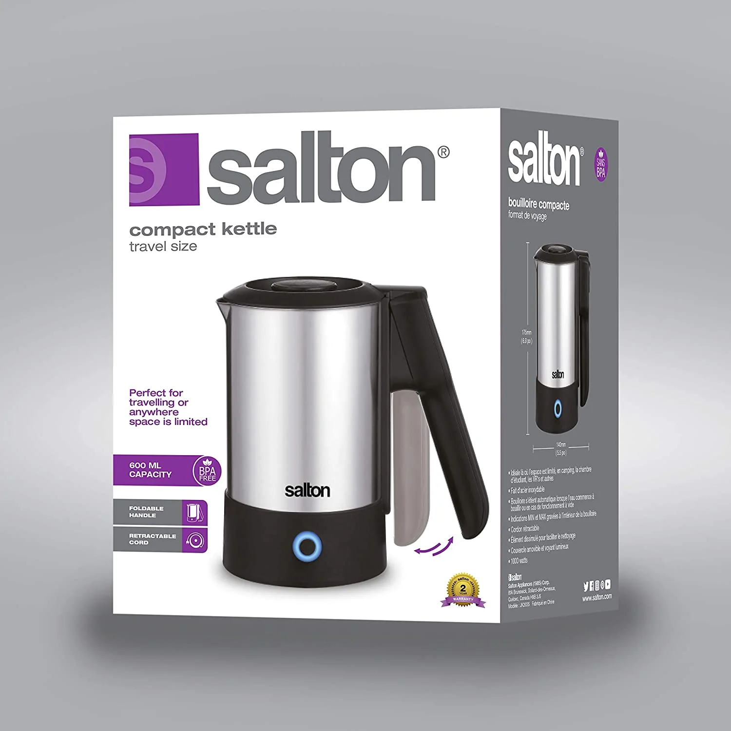 Salton travel Kettle: 0.6L, 1000W, stainless steel | JK-2035 - Inhomebuy