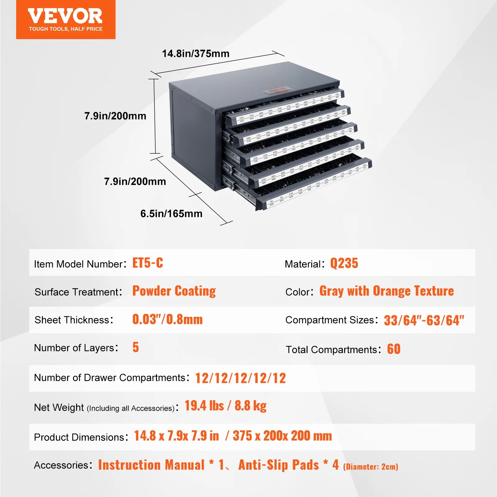 VEVOR Drill Bit Dispenser Cabinet, Five-Drawer Drill Bit Dispenser, 1/2
