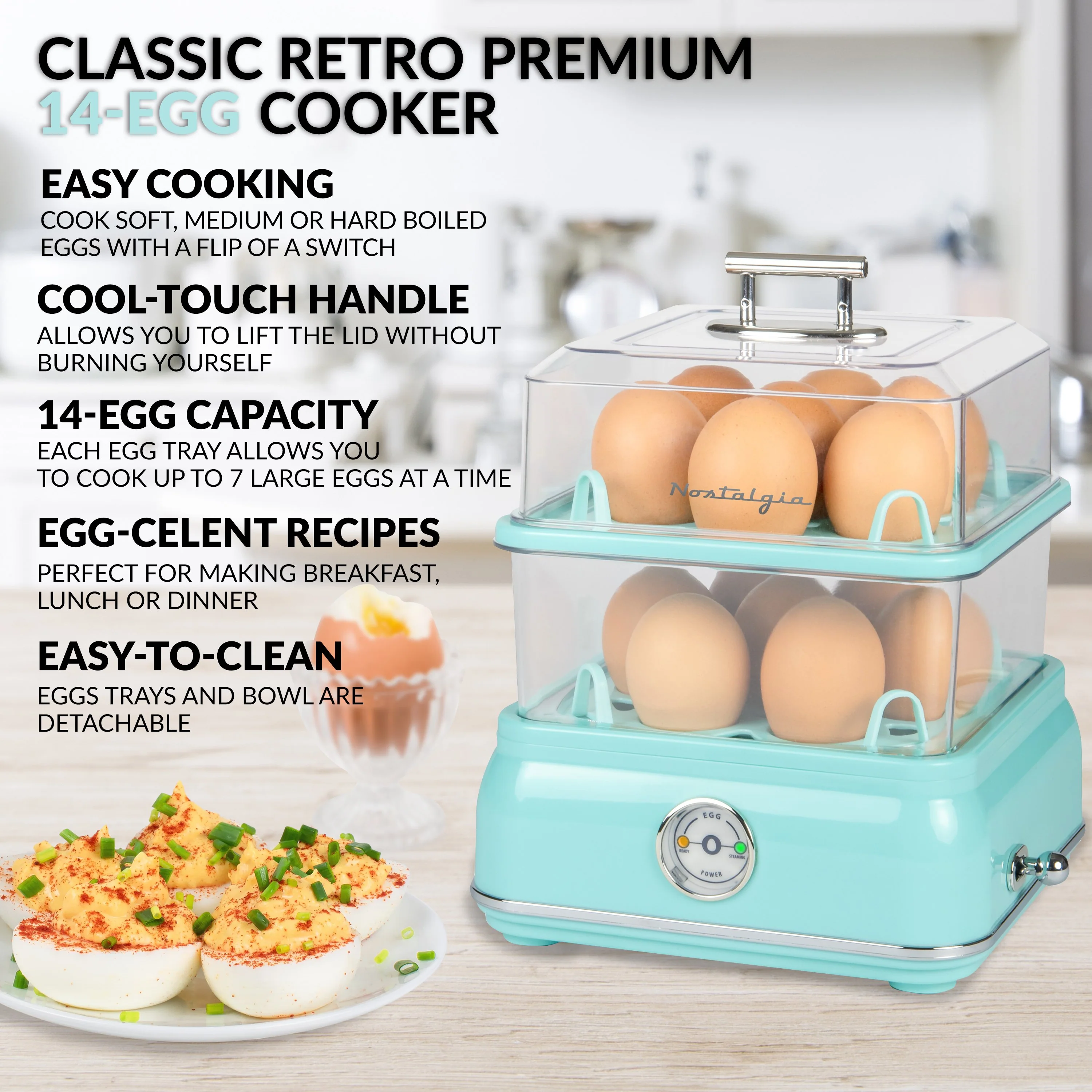 Classic Retro 14-Capacity Egg Cooker, Aqua - Inhomebuy