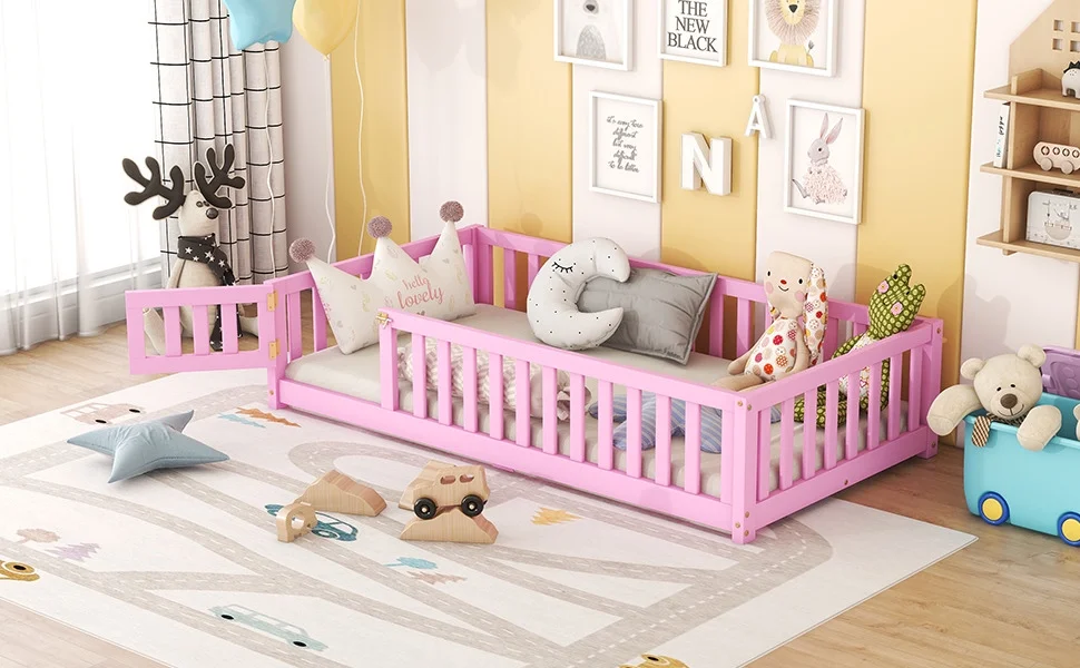 Twin Size Montessori Floor Bed with Safety Guardrails and Door, Playhouse Bed for Kids Boys Girls, Wood Montessori Bed Frame for Bedrooms, Pink - Inhomebuy