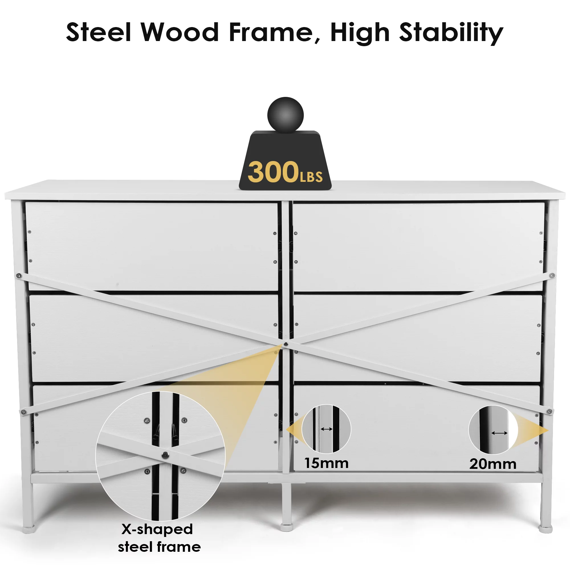 47.3'' Drawer Dresser Chest of 6 Drawers, Storage Dresser Tower for Bedroom, Living Room, Hallway, Nursery, White Storage Cabinet Wooden Dresser with Steel Frame, White - Inhomebuy