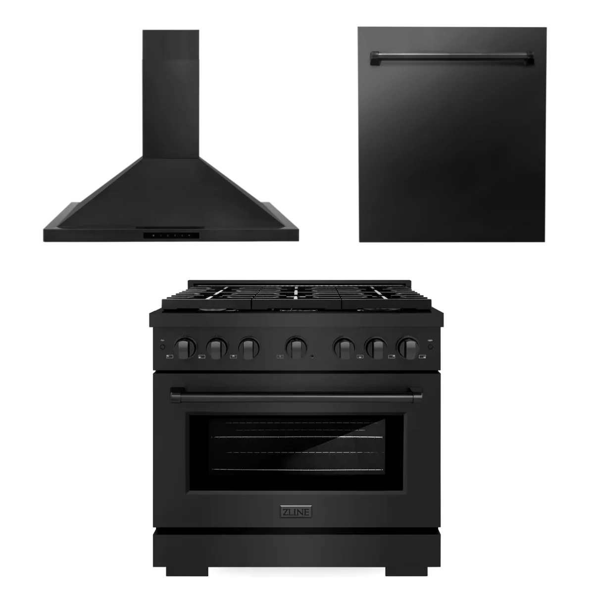 ZLINE Appliance Package - 36 in. Gas Range, Range Hood, Dishwasher - Black Stainless Steel, 3KP-SGRBRH36-DW - Inhomebuy