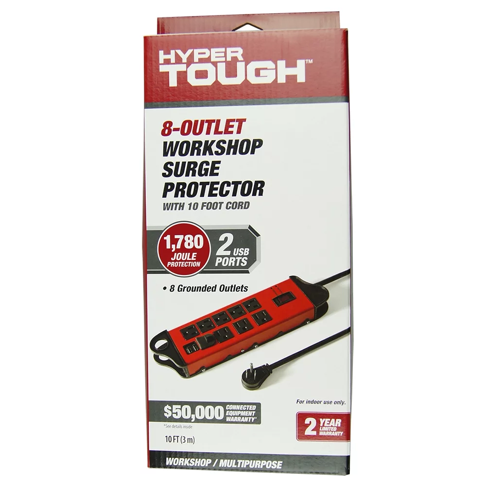 Hyper Tough 8-Outlet 10ft Metal Surge 1780-Joule Protection with 2 Usb, Red - Inhomebuy