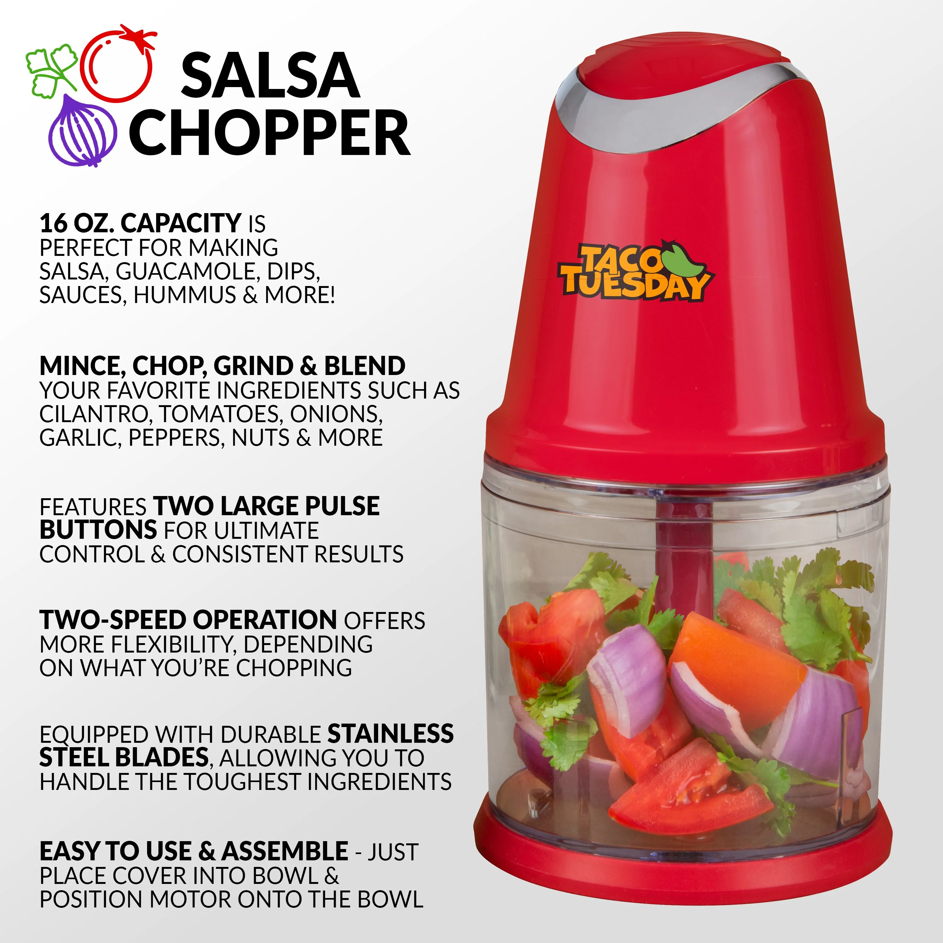 Taco Tuesday 2-Speed Salsa & Guacamole Chopper, 2 Cup Capacity - Inhomebuy
