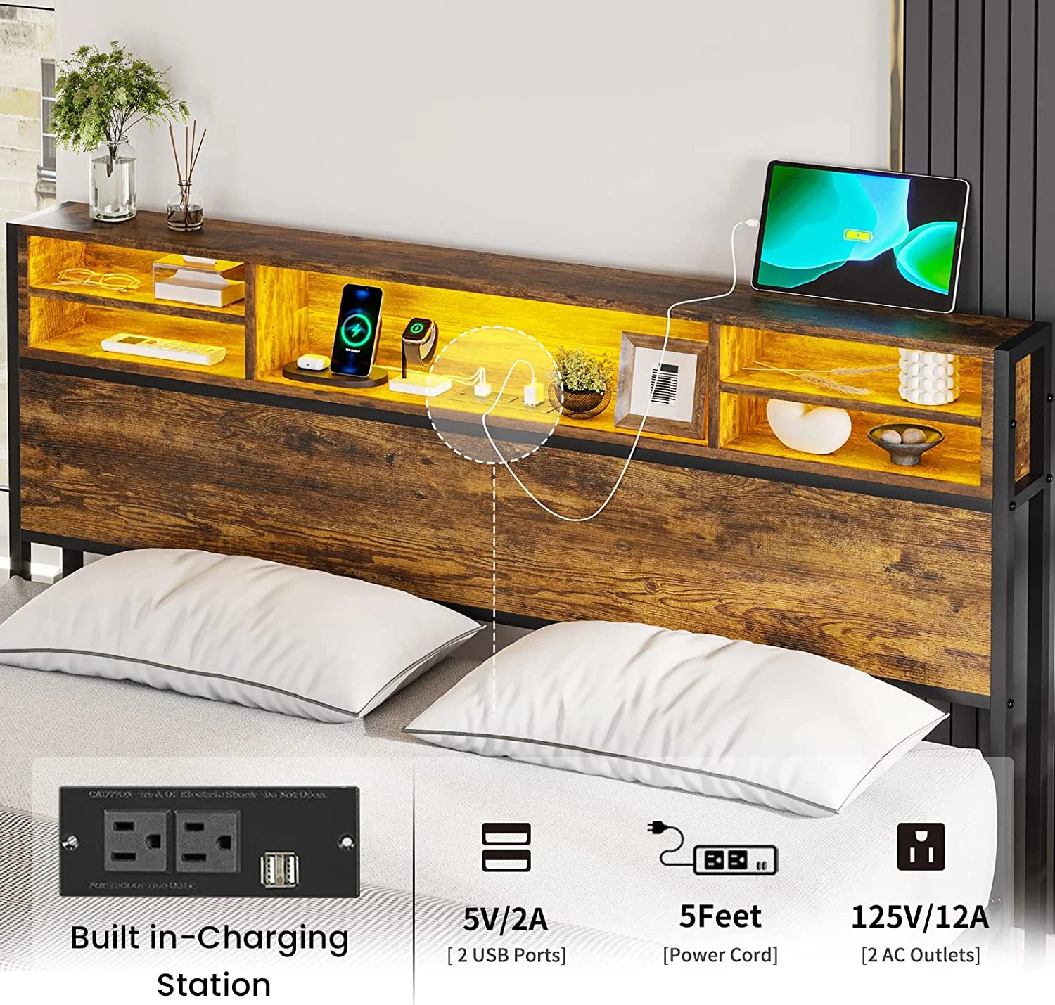 Afuhokles LED Full Bed Frame with Outlets and Headboard, Platform Bed with Storage Drawers, Brown - Inhomebuy
