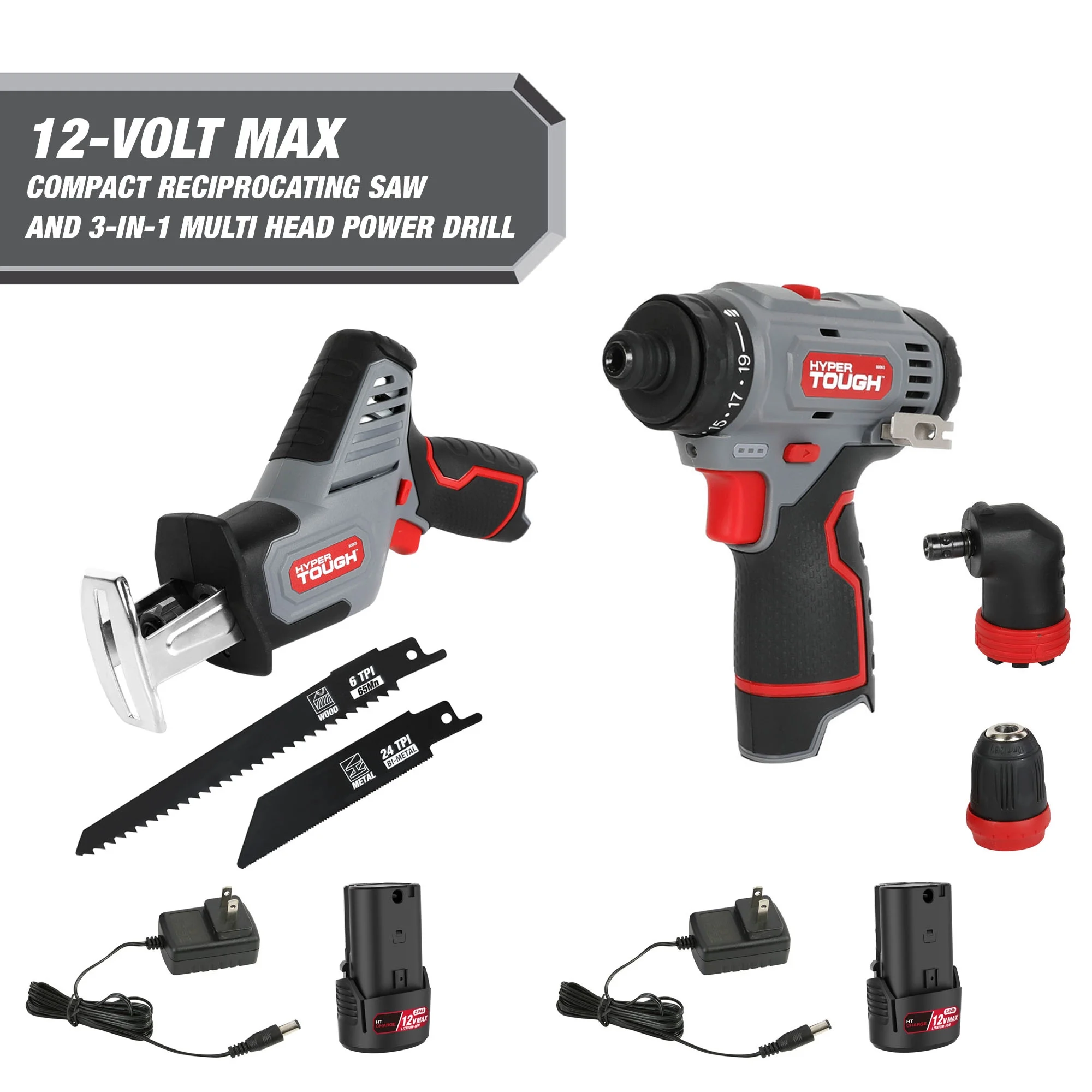 Hyper Tough 12V Max* Compact Reciprocating Saw with 1.5Ah Battery and Charger, and Hyper Tough 12V Max* 3-in-1 Multi-Head Power Drill Set with 1.5Ah Battery and Charger, Tool Bundle - Inhomebuy