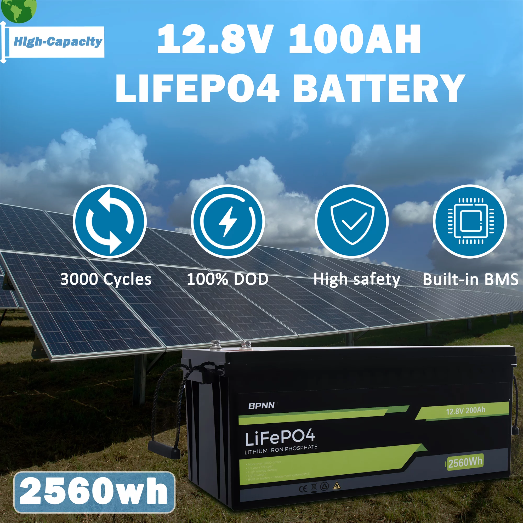 BPNN 12V 100Ah LiFePO4 Battery Long Cycles 12V Lithium Battery for RV Home Backup - Inhomebuy