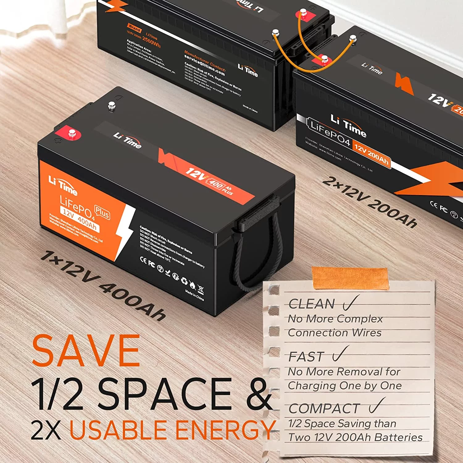 LiTime 12V 400Ah Lithium Battery, 3200W Max. Load Power LiFePO4 Battery with 250A BMS, 5120Wh Usable Energy for RV, Home Solar System - Inhomebuy