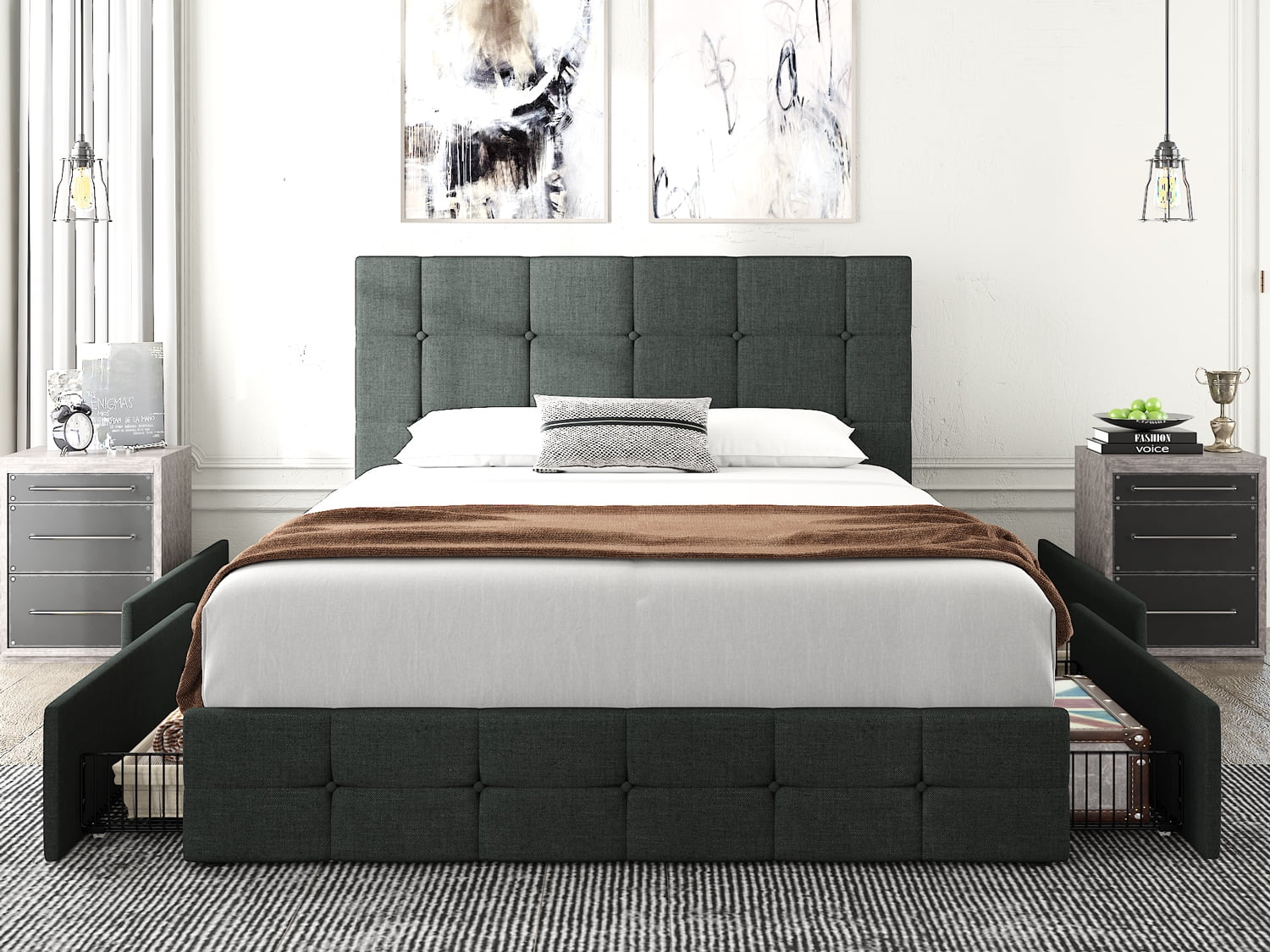 Amolife Queen Size Platform Bed Frame with Headboard and 4 Storage Drawers, Button Tufted Style, Dark Grey, Mattress Not Included - Inhomebuy