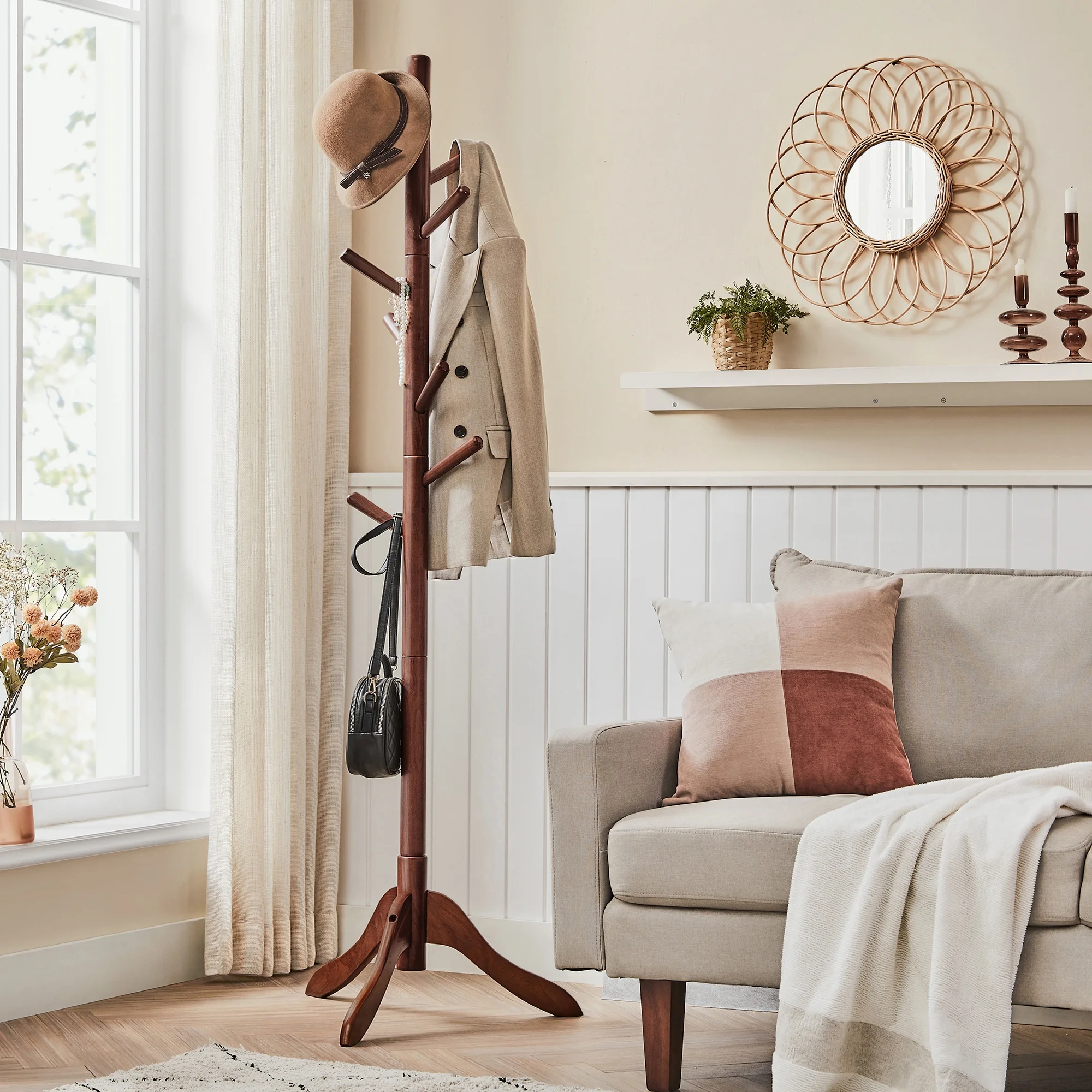 VASAGLE 8 Hooks Coat Rack Solid Wood Free Standing Coat Rack with Tree-Shaped Coat Rack 3 Height Options for Clothes Hats Bags for Living Room Bedroom Home Office Dark Walnut - Inhomebuy