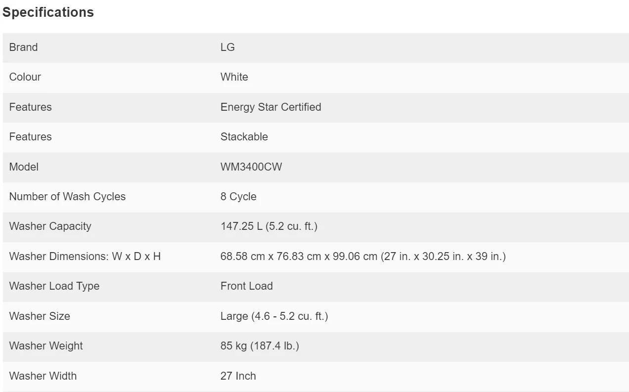 LG WHITE 5.2 CU. ULTRA LARGE FRONT LOAD WASHER - WM3400CW - Inhomebuy