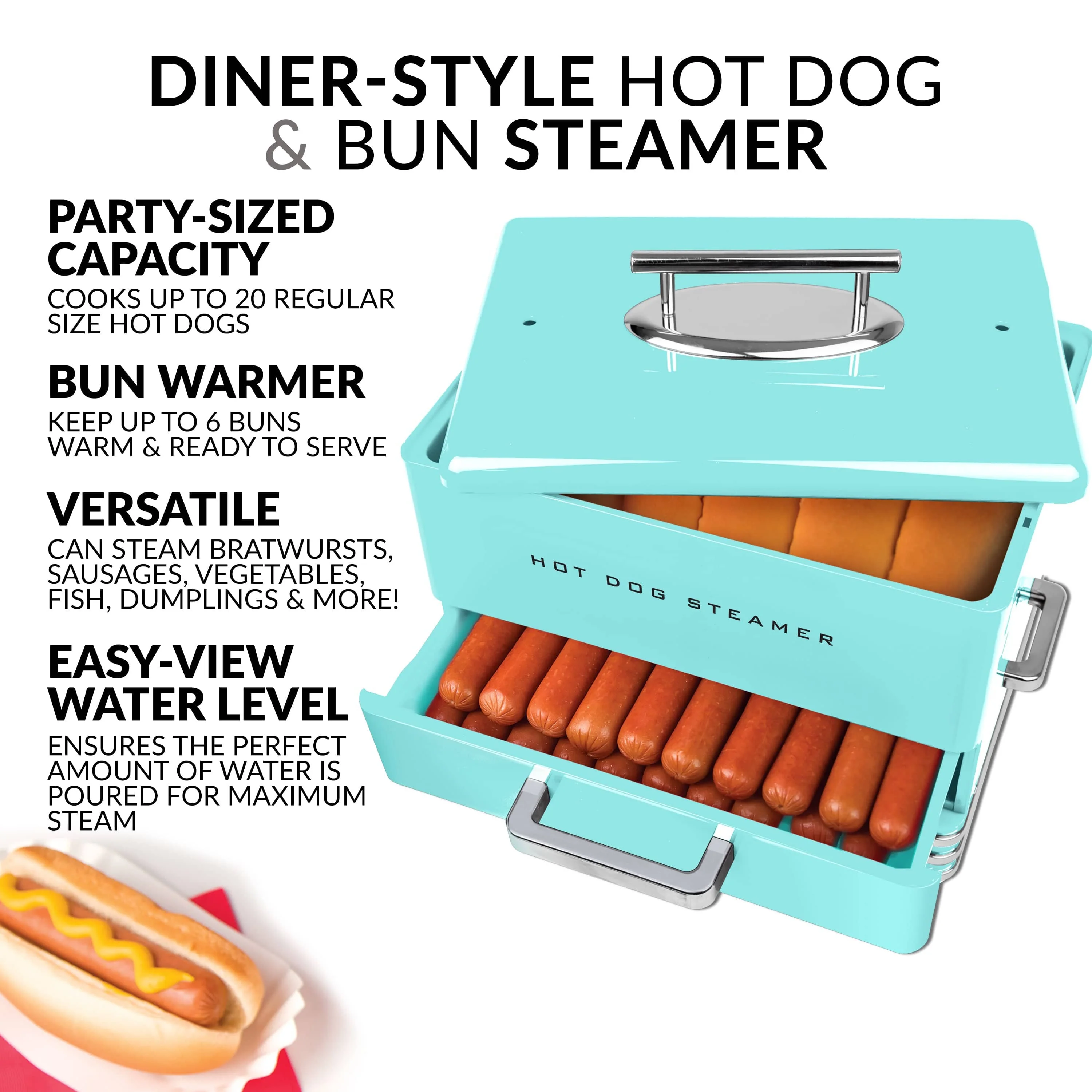 Large Diner Style Hot Dog Steamer, 20 Hot Dogs, 6 Buns, Aqua - Inhomebuy