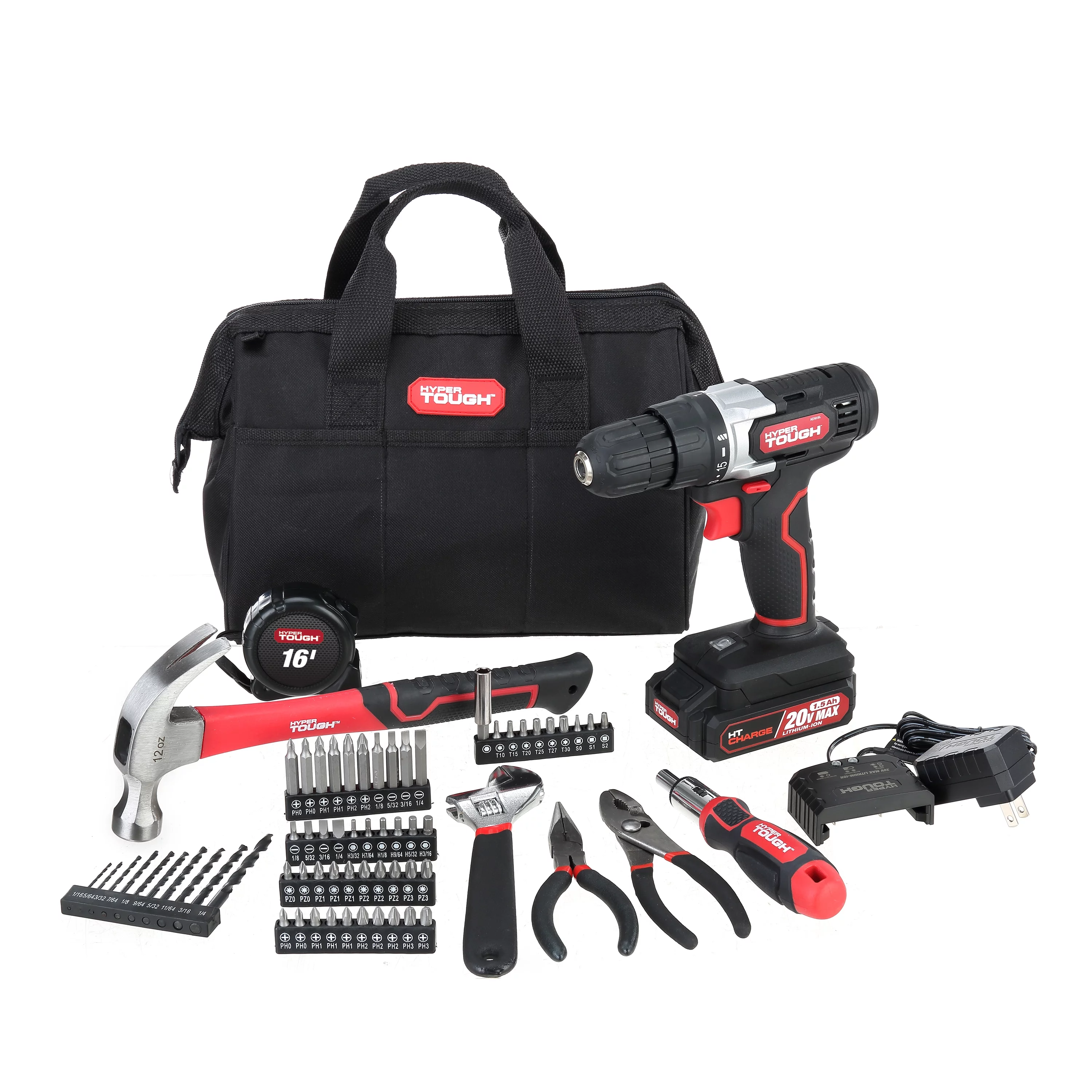 Hyper Tough 20V Max Lithium-Ion 3/8 inch Cordless Drill, 70-Piece Home Tool Set, 1.5Ah Lithium-Ion Battery & Charger, Bit Holder, & Storage Bag - Inhomebuy