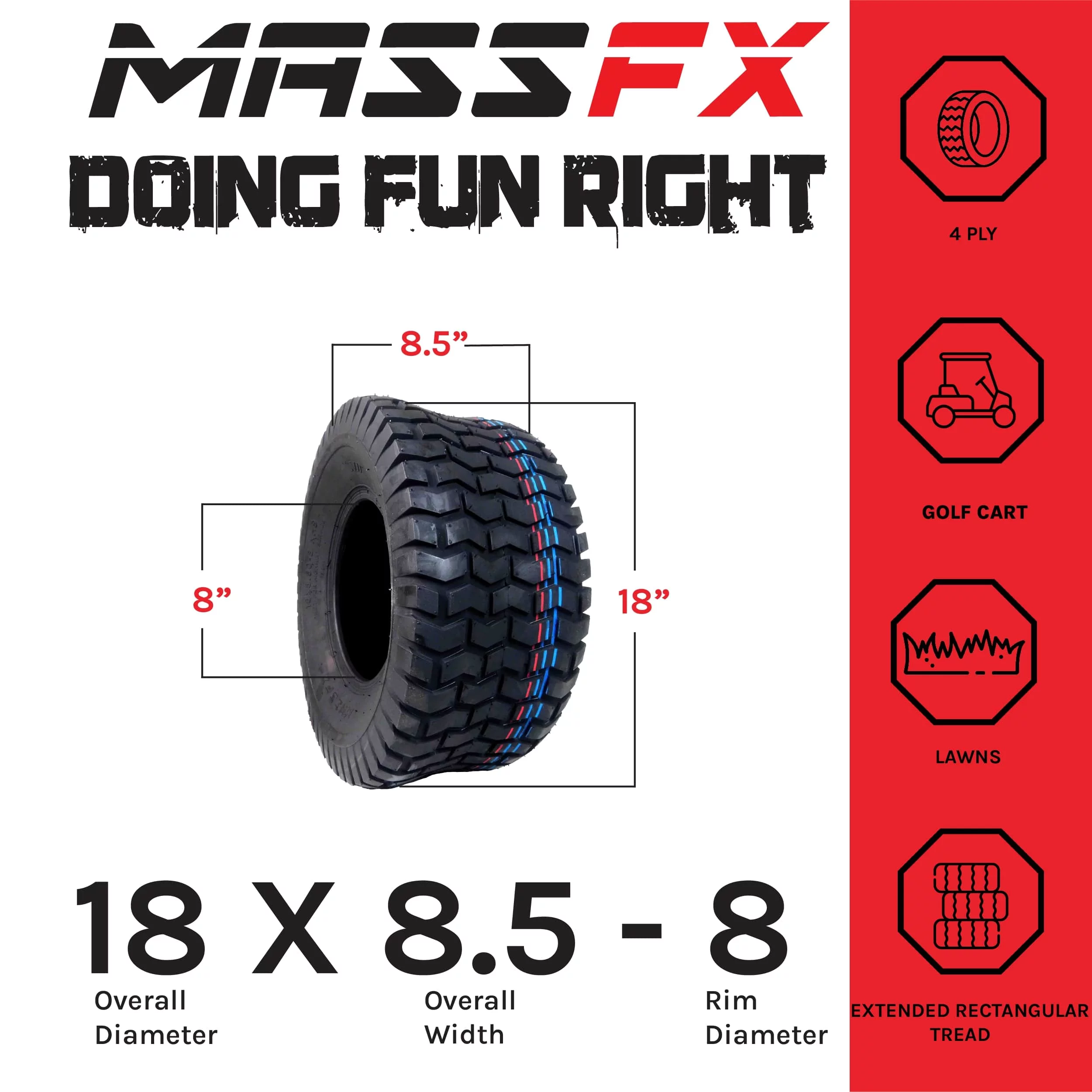 MASSFX 18x8.5-8 Lawn & Garden, Golf Cart, Turf Tires 4 Ply with 5mm Tread Depth 18x8.5x8 (4 Pack) - Inhomebuy