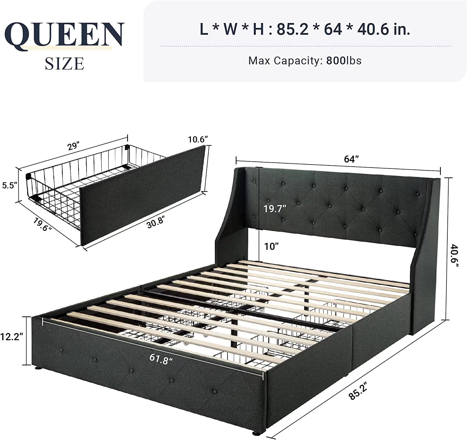 Allewie Queen Size Bed Frame with 4 Storage Drawers and Button Tufted & Wingback Headboard, Dark Grey - Inhomebuy