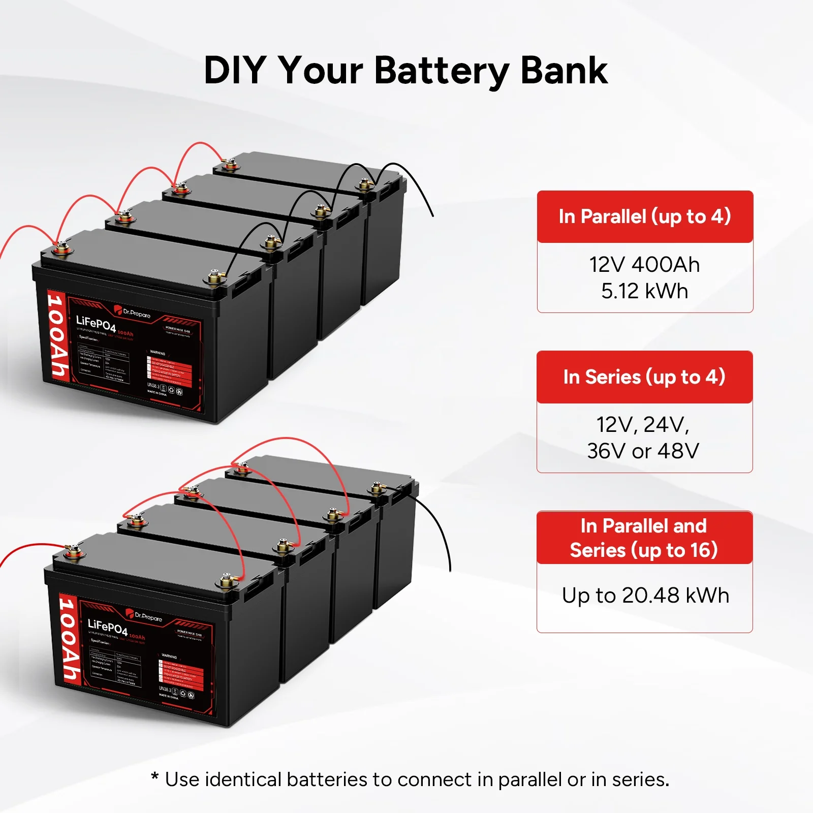 Dr.Prepare 12V 100Ah LiFePO4 Lithium Deep Cycle Battery - Connect In Series [10-year Warranty] - Inhomebuy