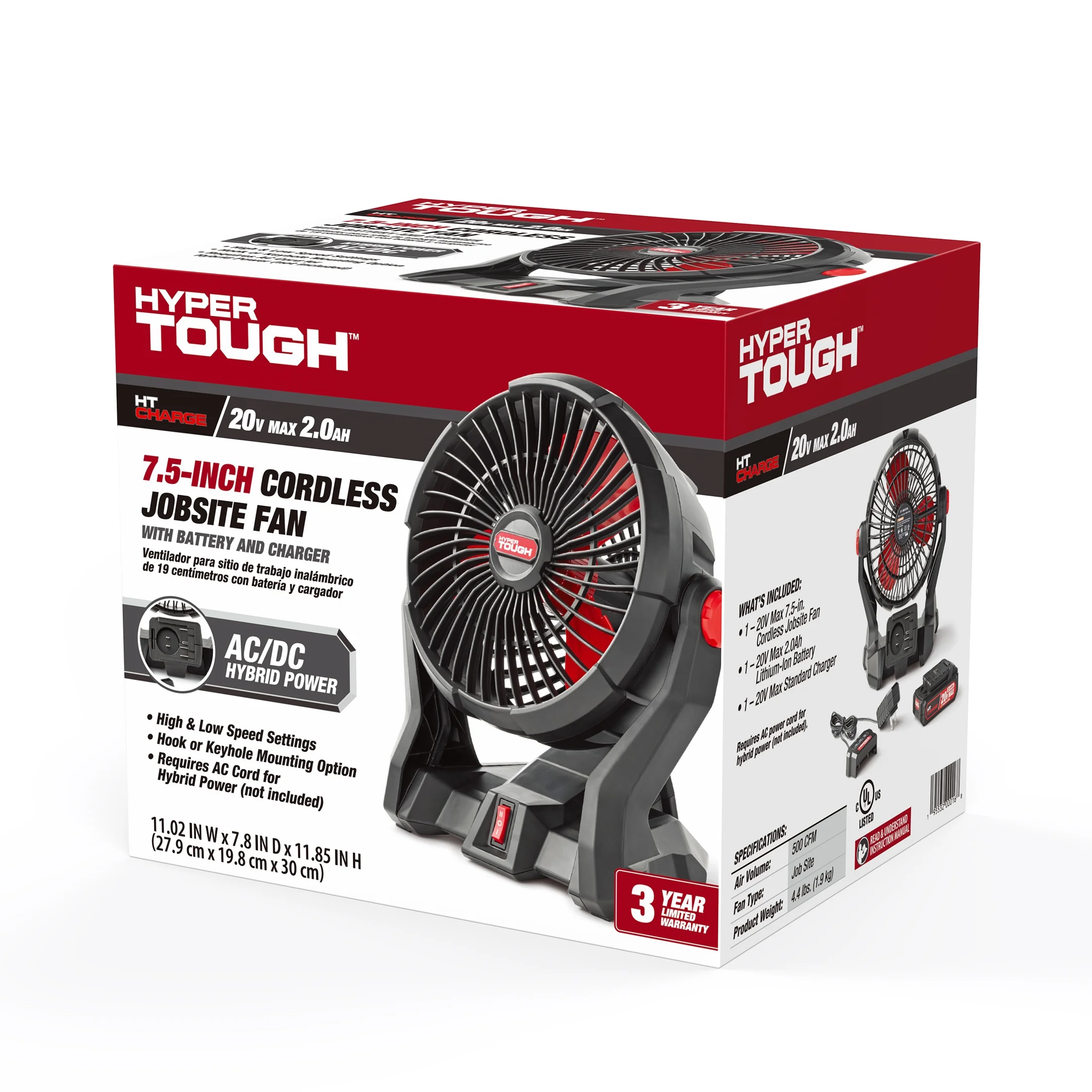 Hyper Tough 7.5 in. Cordless Fan with Hybrid Power,with 2.0Ah Lithium-Ion Battery Pack Powered,C1005 - Inhomebuy
