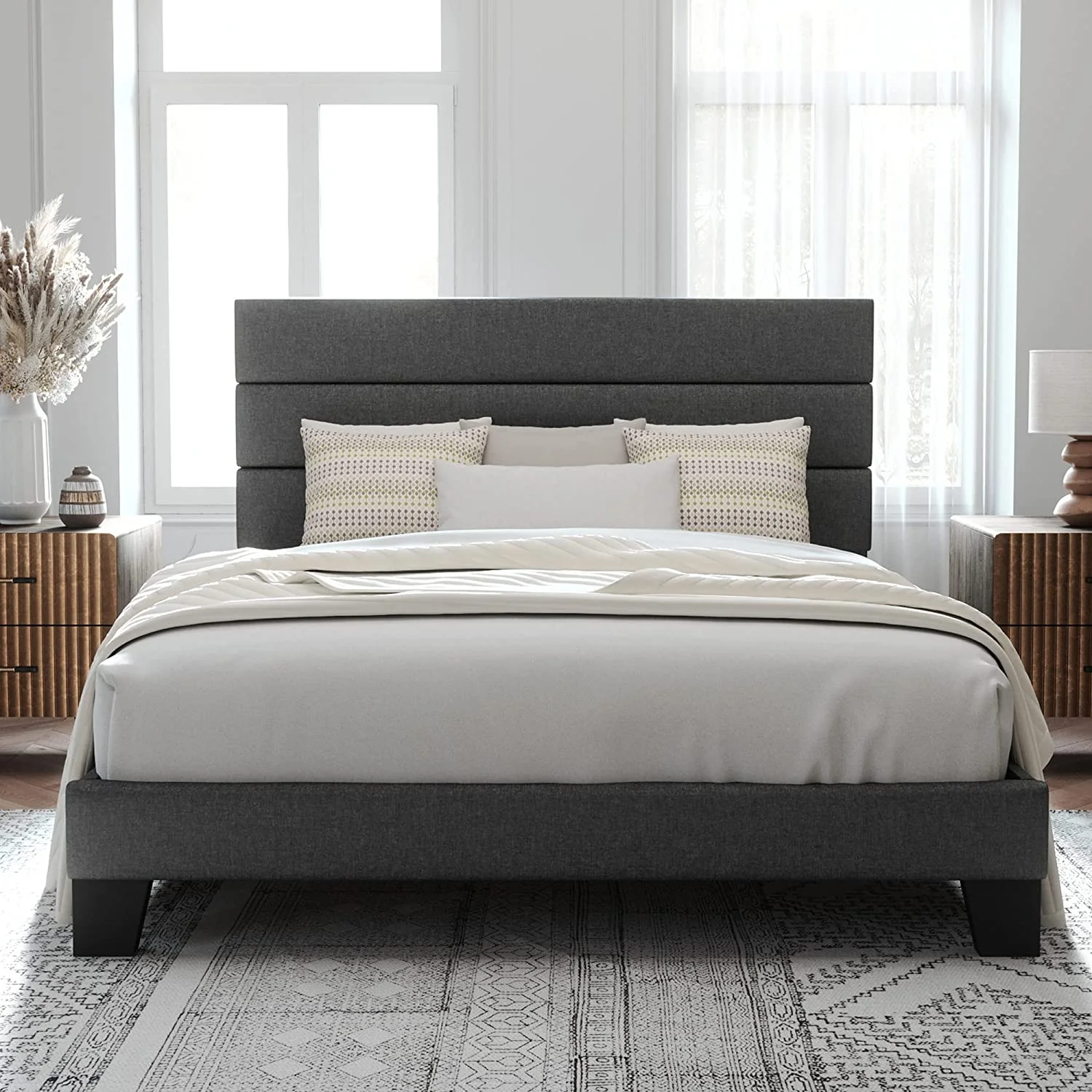 Allewie Queen Size Platform Bed Frame with Fabric Upholstered Headboard, No Box Spring Needed, Dark Grey - Inhomebuy