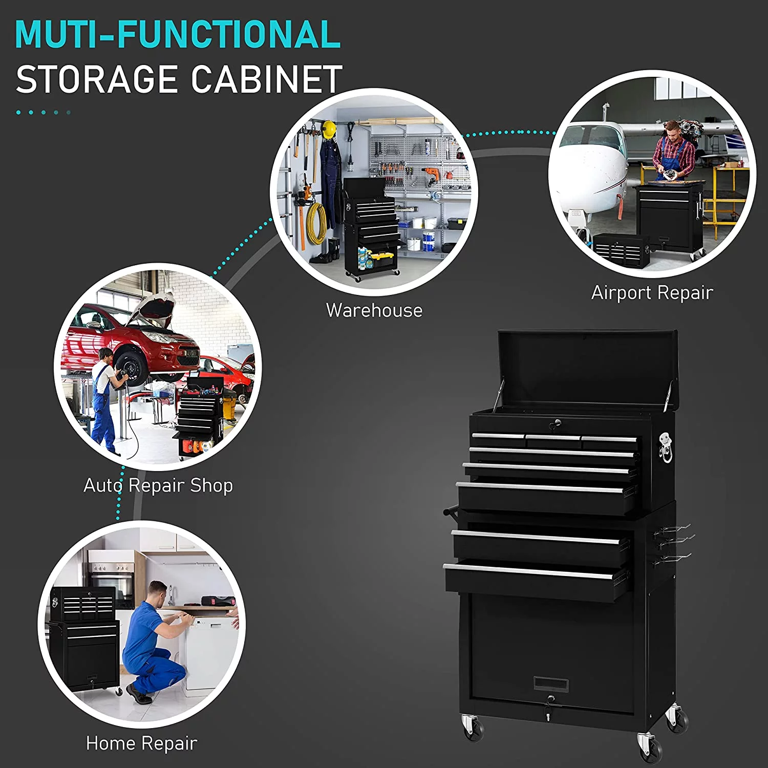 2-IN-1  Tool Chest & Cabinet, Large Capacity 8-Drawer Rolling Tool Box Organizer with Wheels Lockable Craft, Black - Inhomebuy
