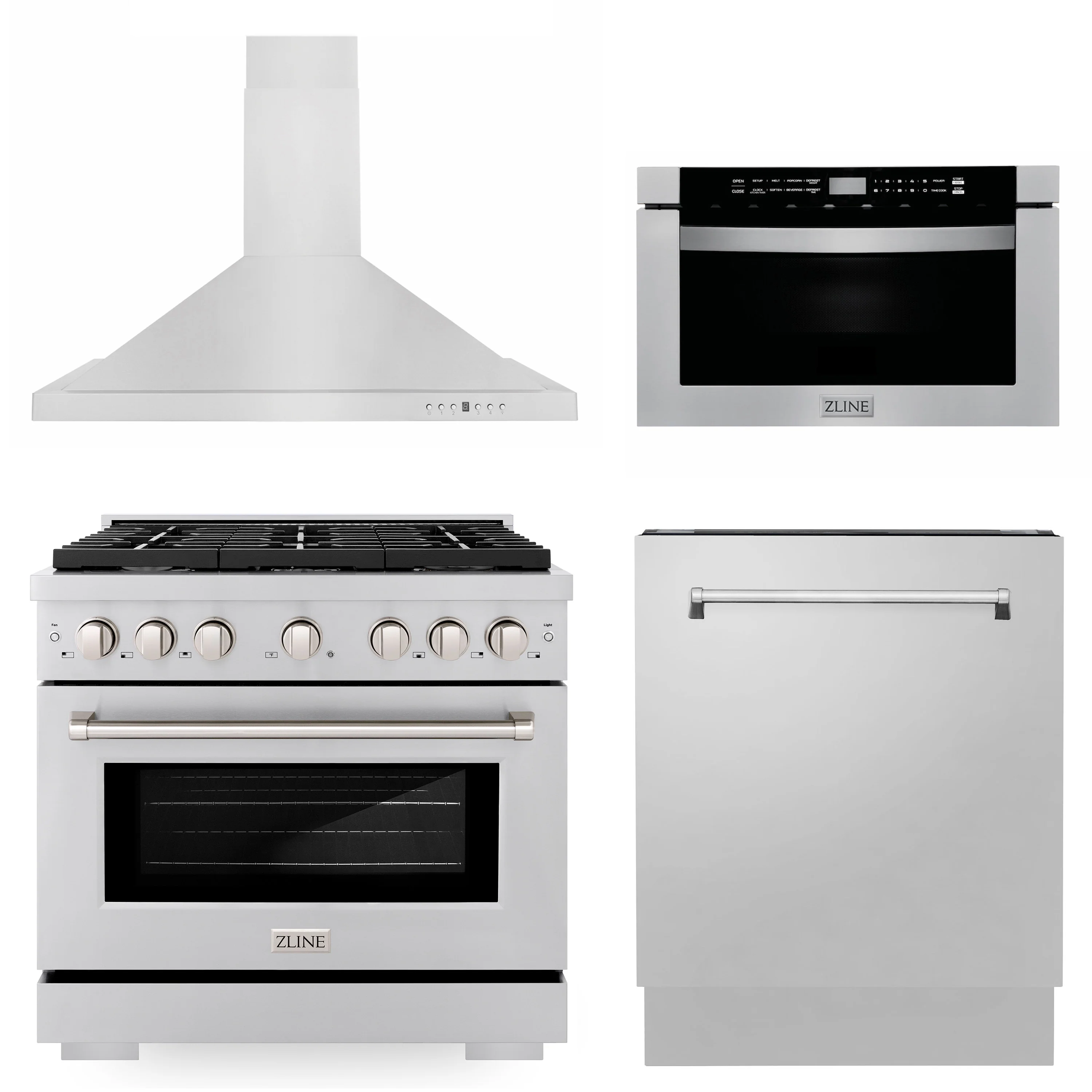 ZLINE Appliance Package - 36 in. Gas Range, Range Hood, Microwave Drawer, 3 Rack Dishwasher, 4KP-SGRRH36-MWDWV - Inhomebuy