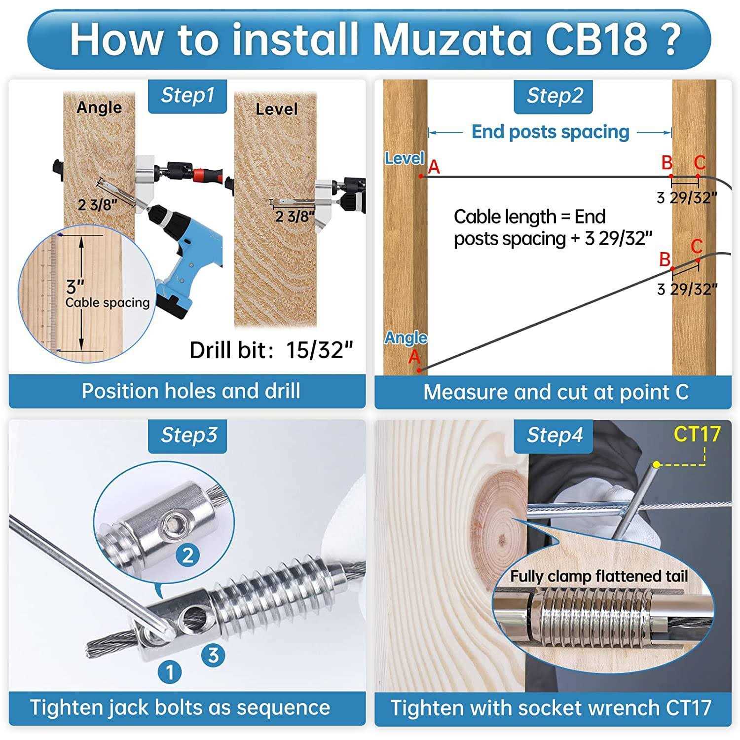 Muzata 1/8 Invisible Cable Railing Kit Lag Screw Cable Genie Tensioner Hidden T316 Stainless Steel for 4×4 6×6 8×8 Wood Posts Deck - Inhomebuy