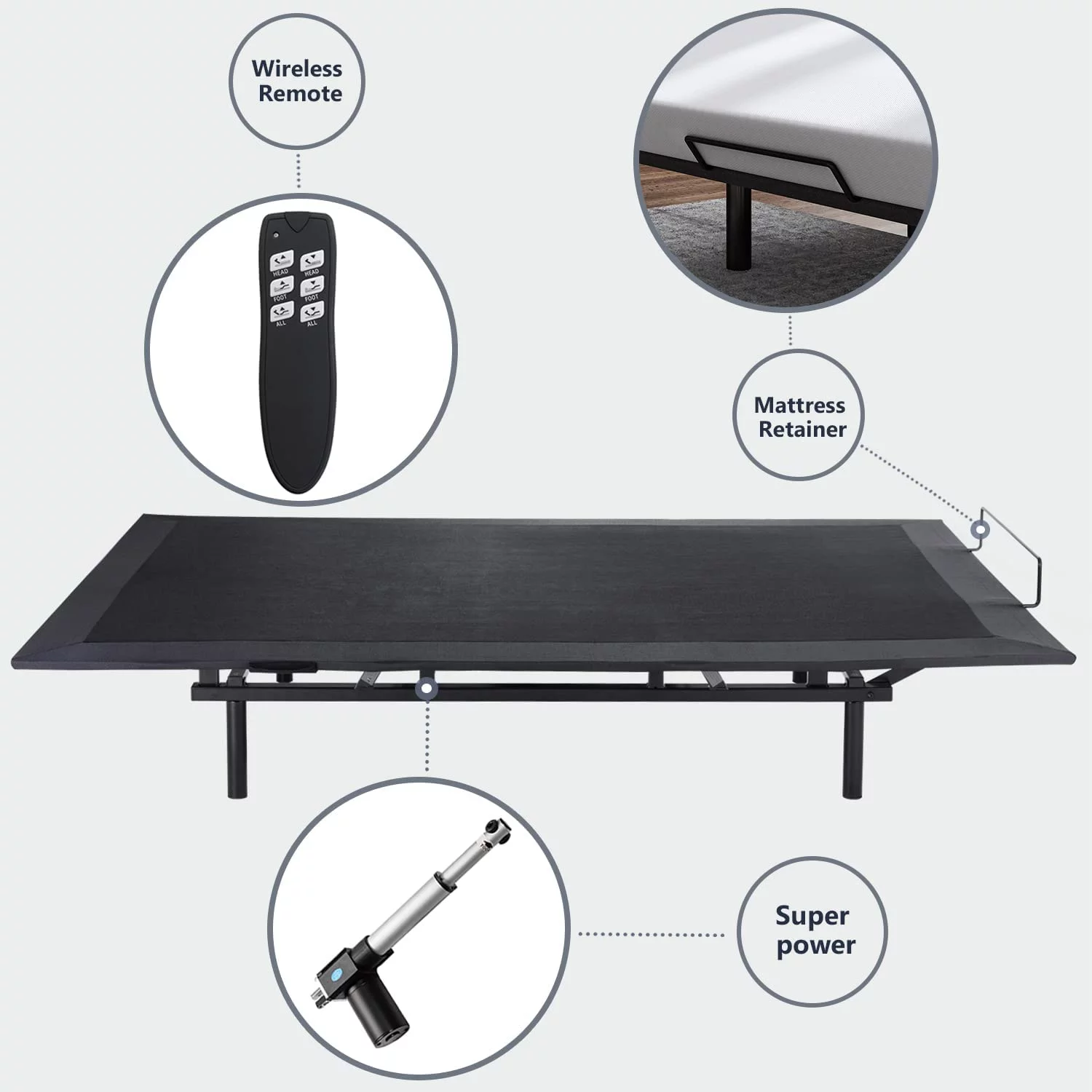 Allewie Queen Size Adjustable Bed Base Frame with New Generation Motor, Wireless Remote, Upholstered - Inhomebuy