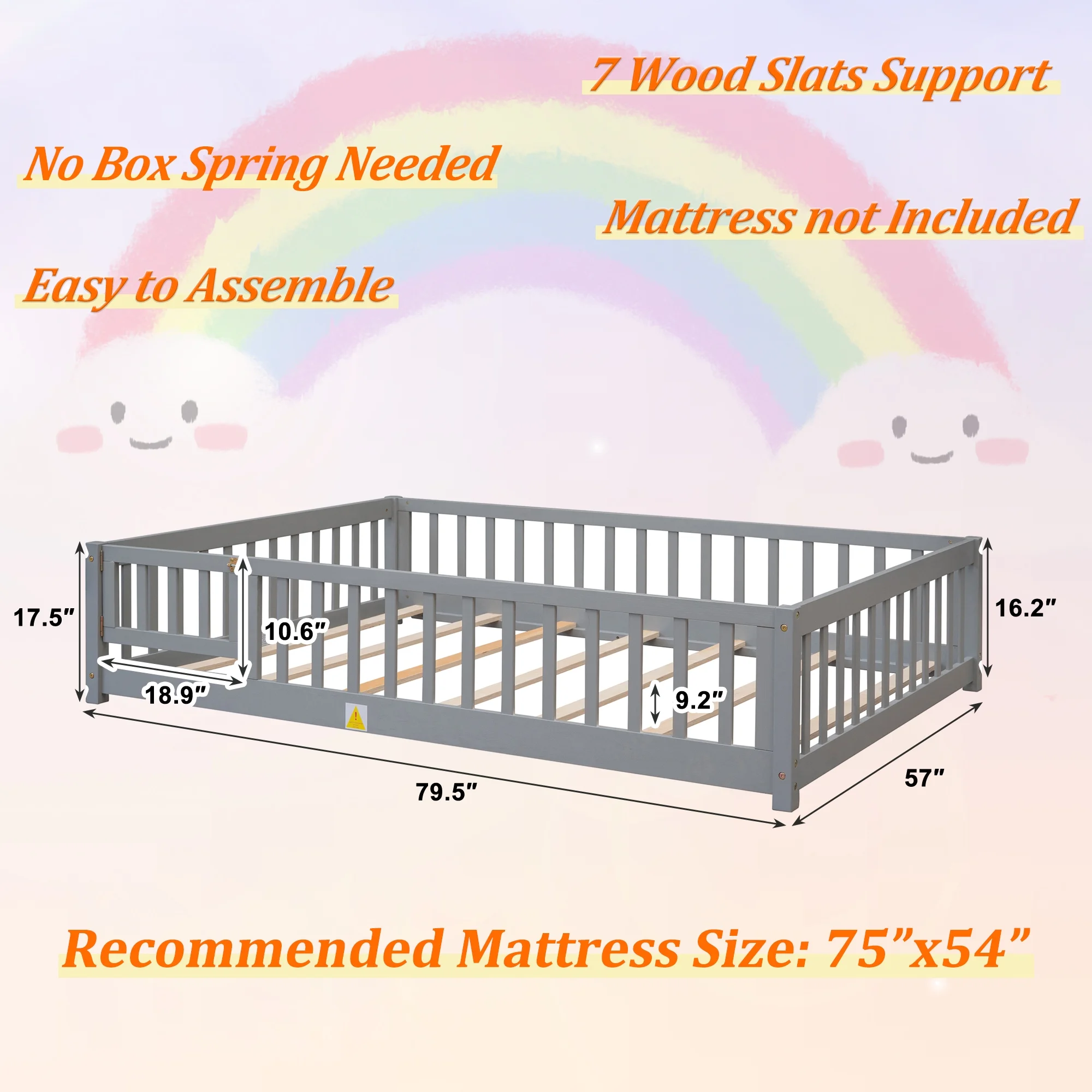 uhomepro Kids Toddler Bed with Fence and Door, Full Size Platform Bed Floor Bed, Wood Bed Frame No Box Spring Needed, Gray - Inhomebuy