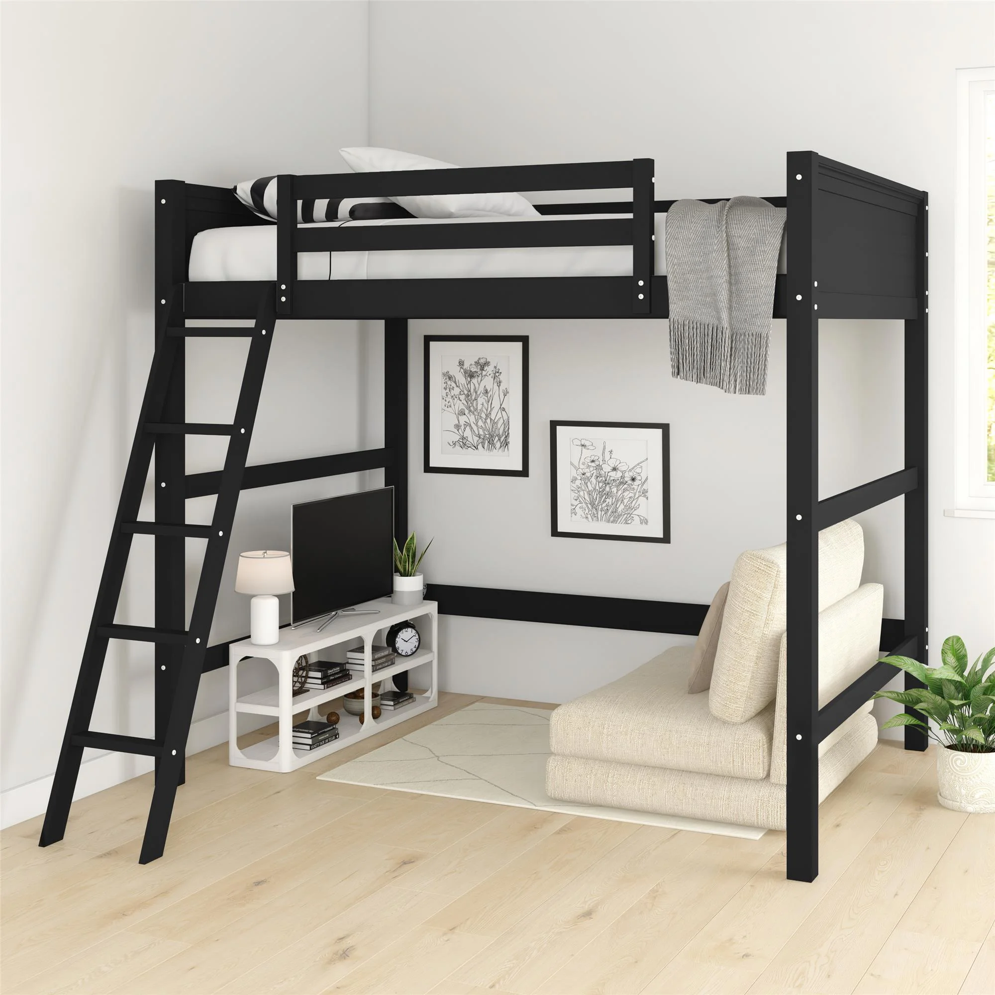 Your Zone Kiarah Full Size Loft Bed with Ladder, Black - Inhomebuy