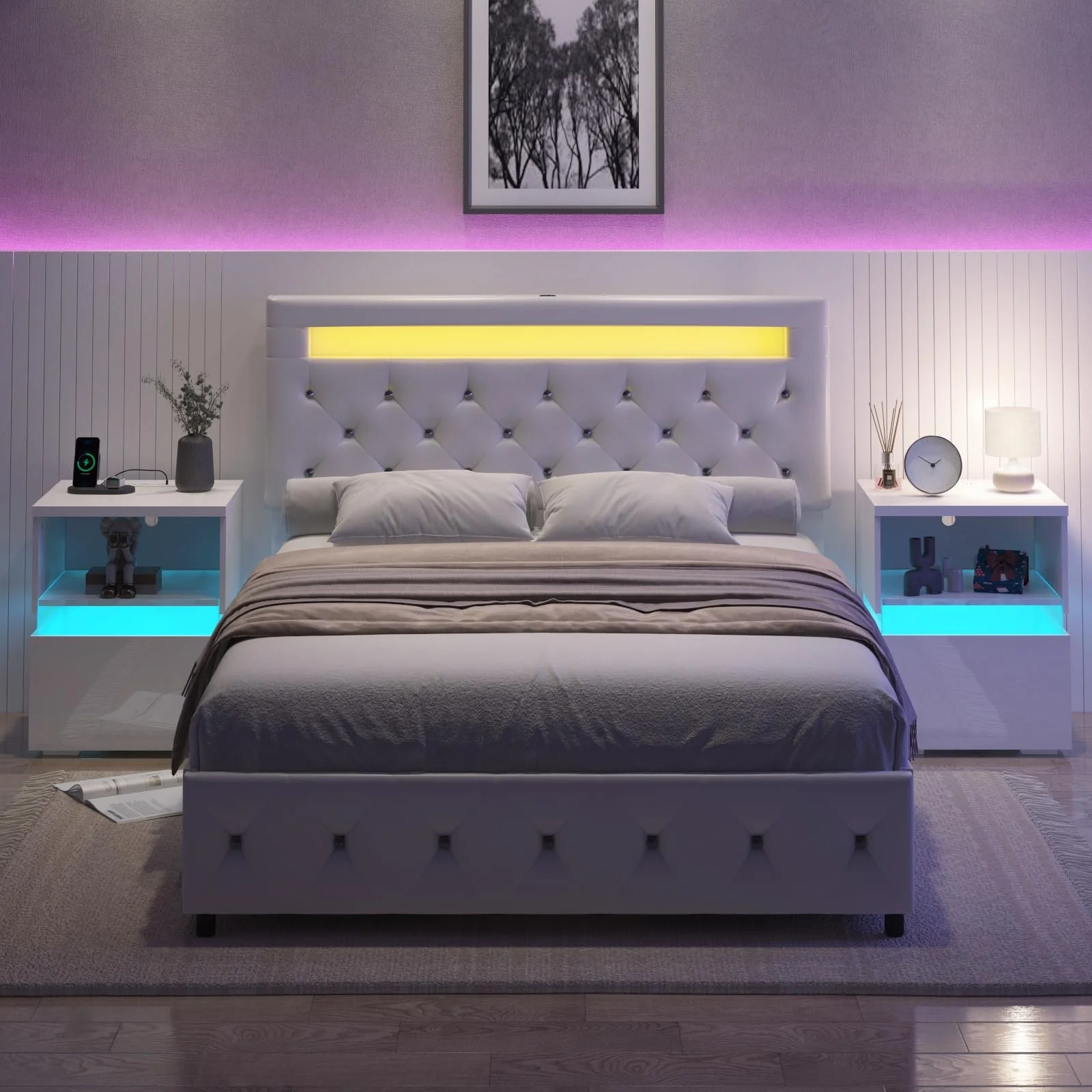 ANPOO LED Nightstand Set of 2 with Charging Station & Power Outlets , Black Nightstand with Drawer & Open Storage, Modern High Gloss End Table Set of 2 for Bedroom Living Room(White) - Inhomebuy