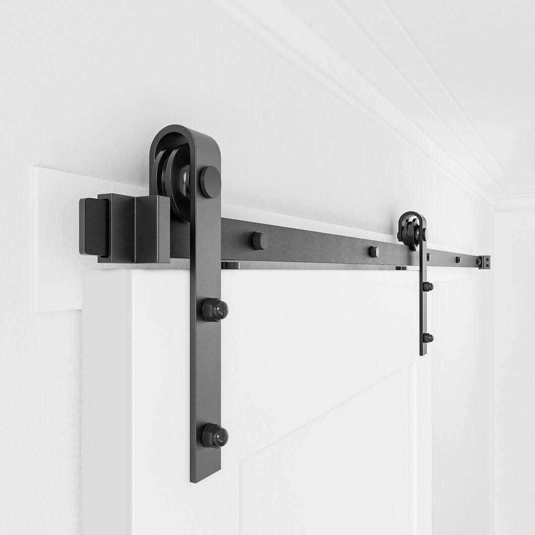 winsoon Black Heavy-Duty Steel Rolling Barn Door Hardware Kit for Single Wood Door with Non-Routed Floor Guide - Inhomebuy