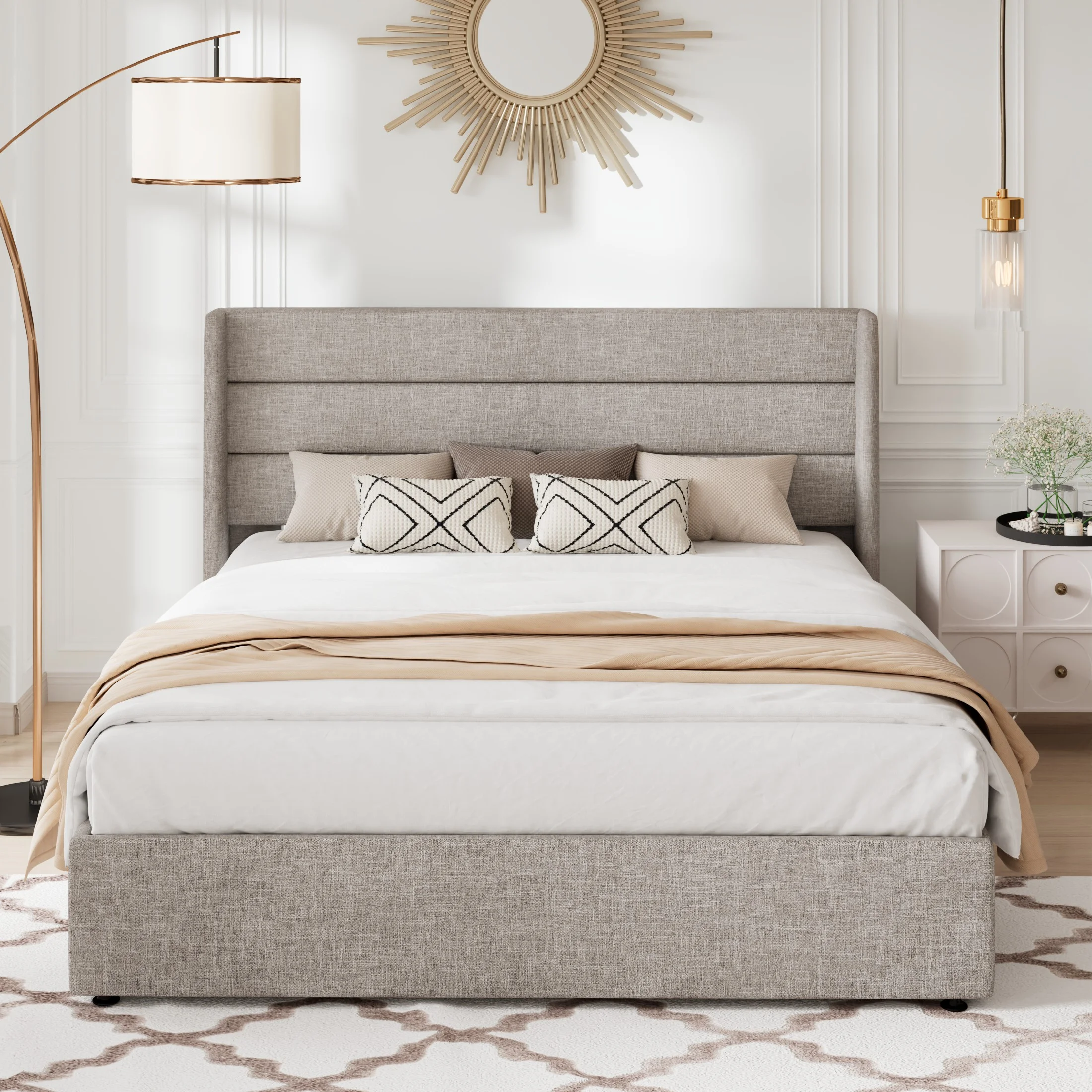 Allewie Queen Size Lift Up Platform Storage Bed Frame with Pannel Wingback Headboard, Light Beige - Inhomebuy