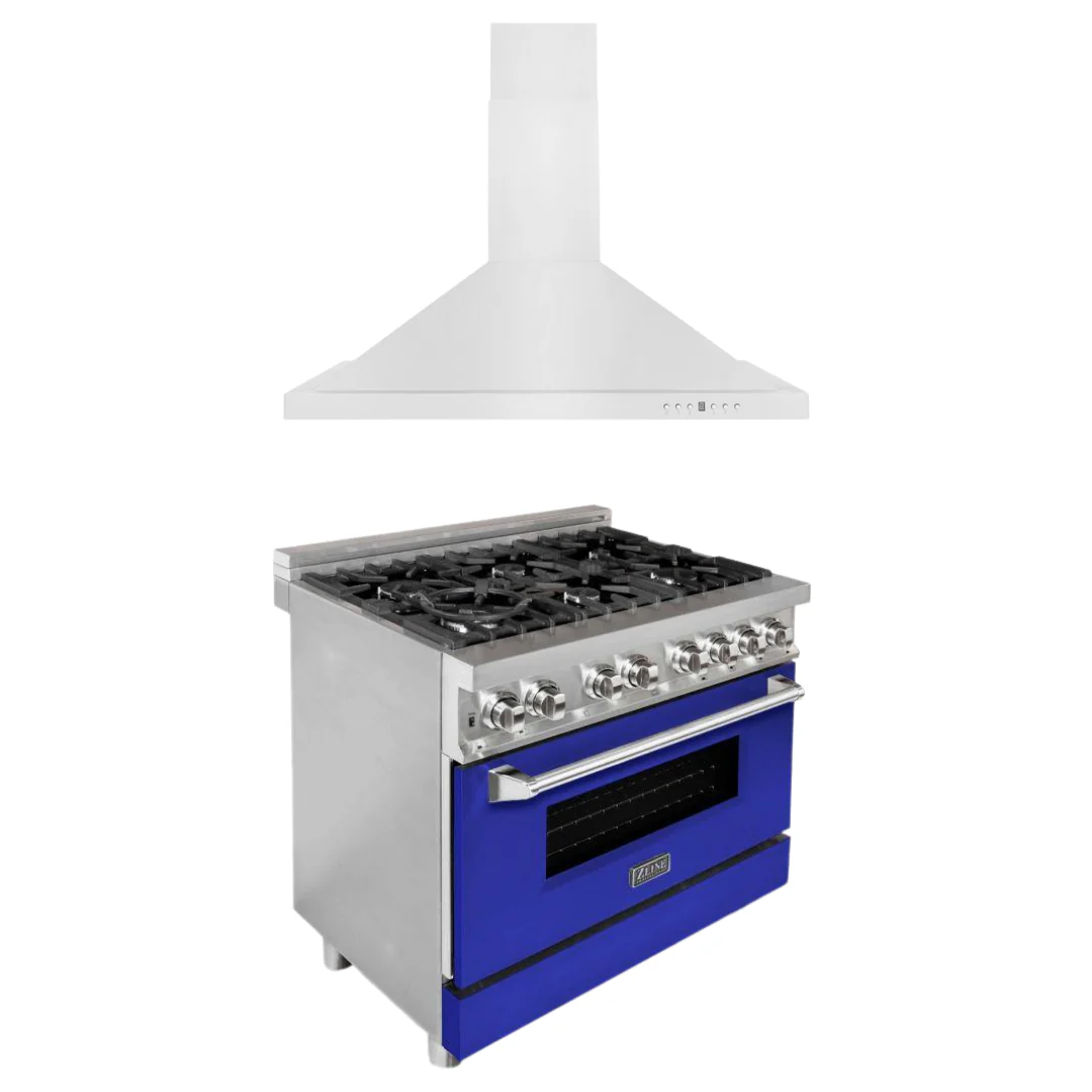 ZLINE Kitchen and Bath 36 in. Dual Fuel Range with Blue Matte Doors & 36 in. Range Hood Appliance Package, 2KP-RABMRH36 - Inhomebuy