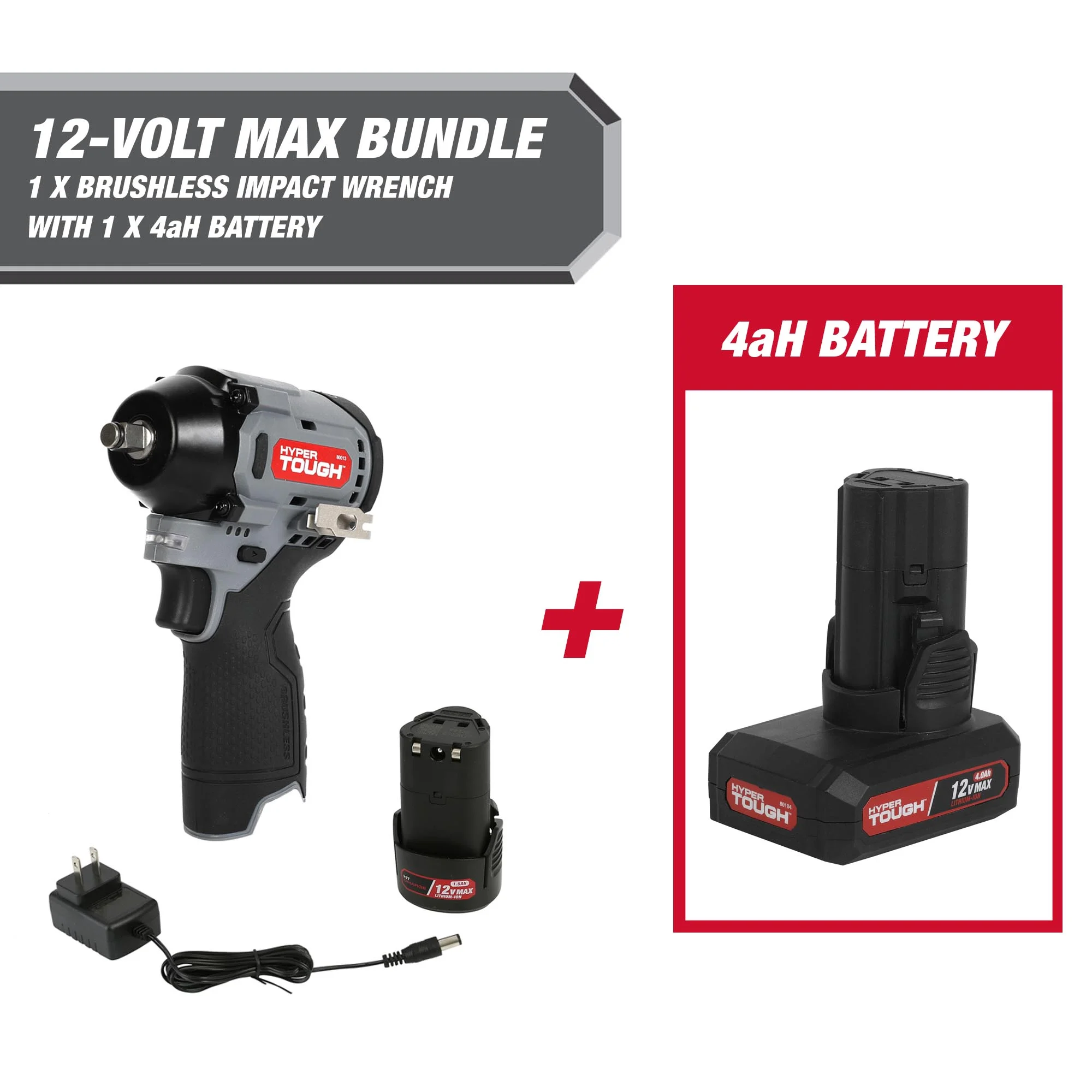 Hyper Tough 12-Volt Cordless Brushless Impact Wrench Plus 4 Ah Battery - Inhomebuy