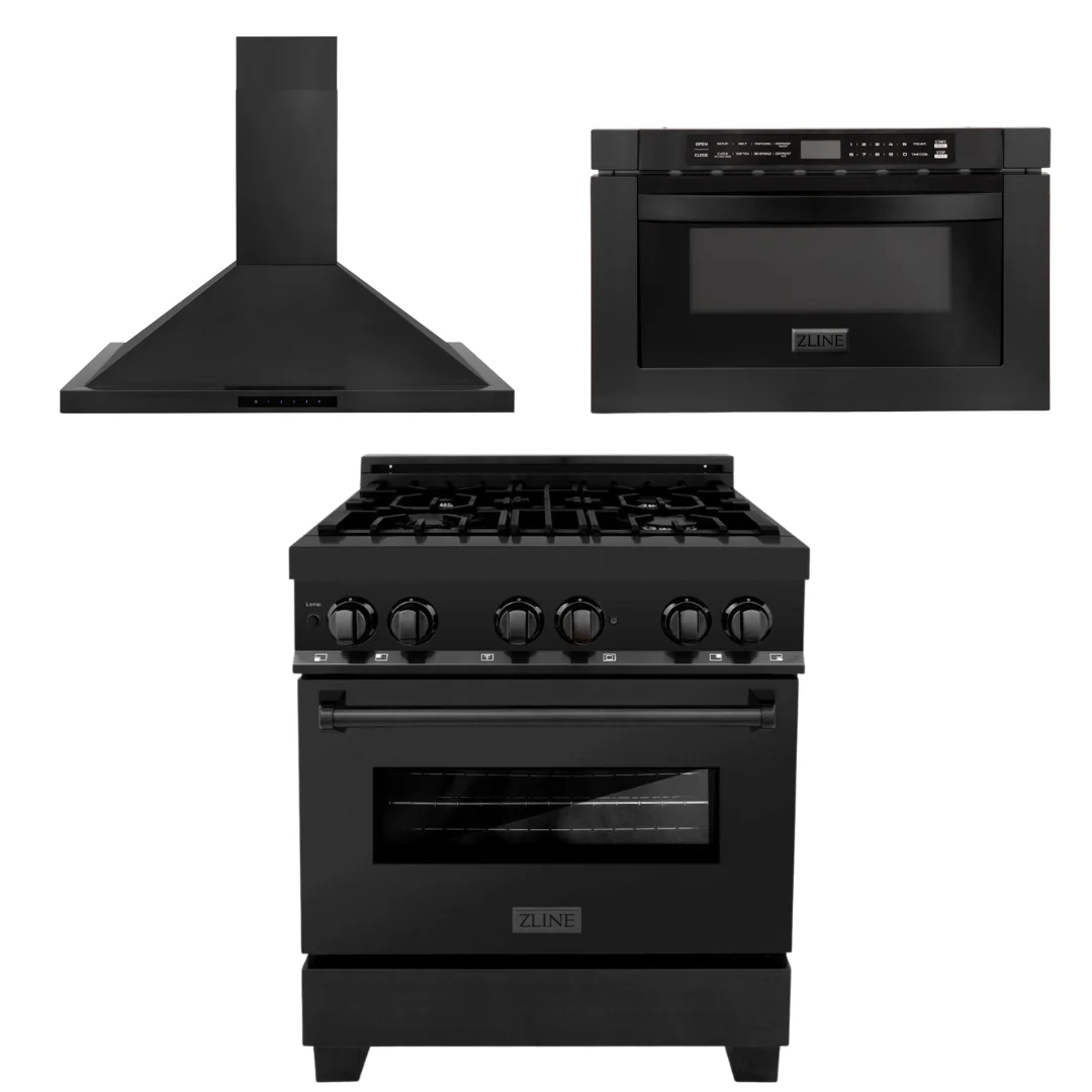 ZLINE Appliance Package - 30 in. Dual Fuel Range, Range Hood & Microwave in Black Stainless Steel, 3KP-RABRBRH30-MW - Inhomebuy