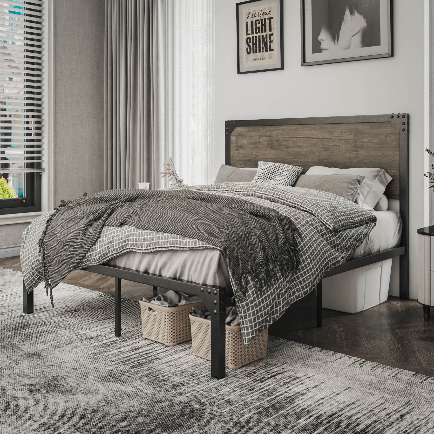 Allewie Queen Size Industrial Metal Platform Bed Frame with Wooden Rivet Headboard,  No Box Spring Needed, Brown - Inhomebuy