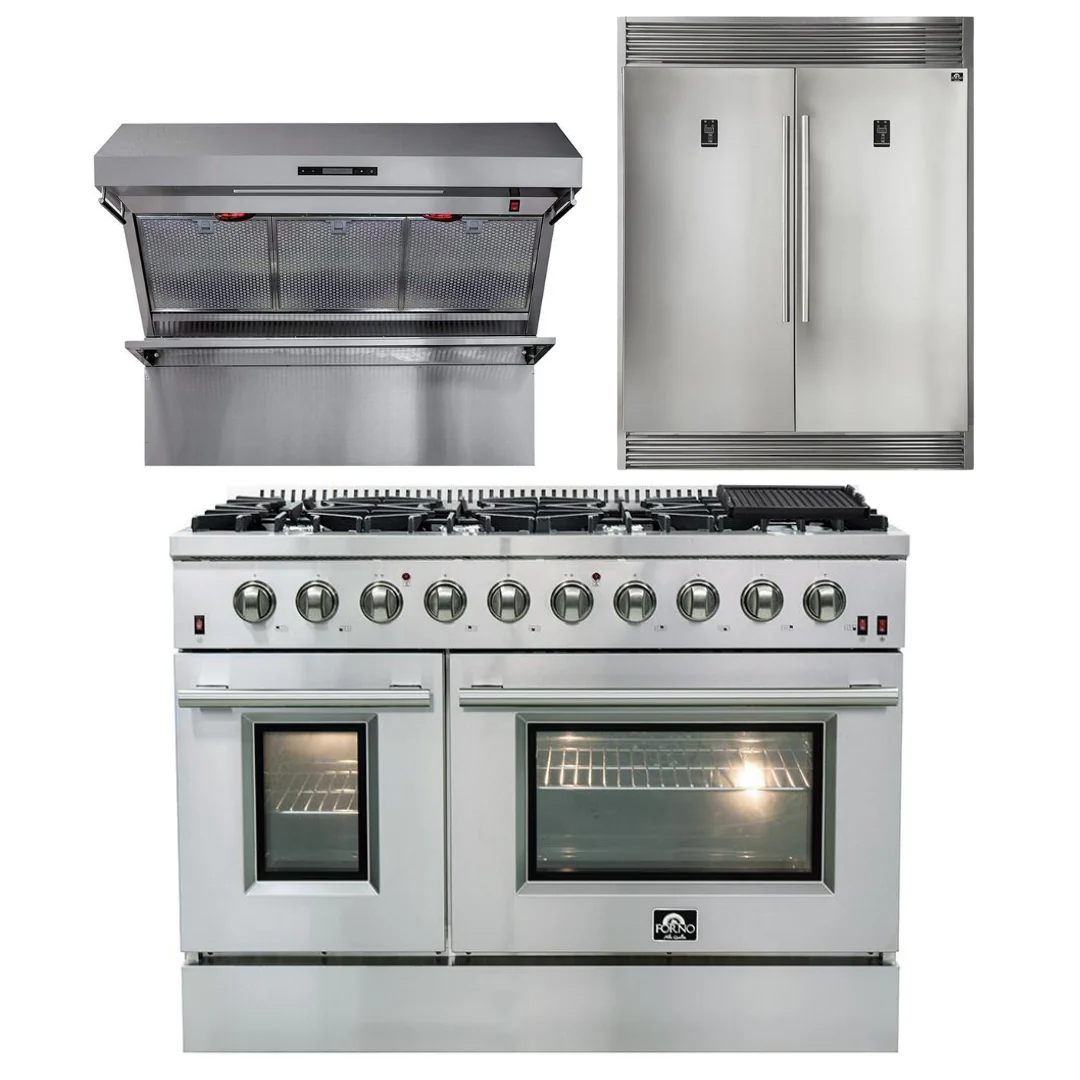 Forno Appliance Package - 48 Inch Gas Range, Wall Mount Range Hood, 60 Inch Refrigerator, AP-FFSGS6244-48-4 - Inhomebuy