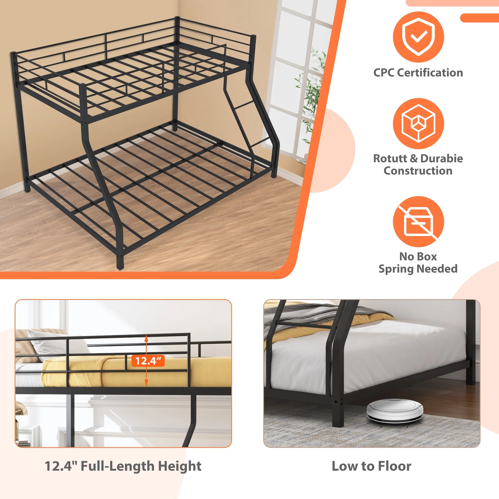 Twin Over Full Bunk Bed, Heavy-duty Metal Bunk Beds Twin Over Full Size, Low Profile Metal Bunk Bed, Space-saving Bunkbeds Frame for Kids Teens, Modern Kids Furniture, No Spring Box Need, Black - Inhomebuy