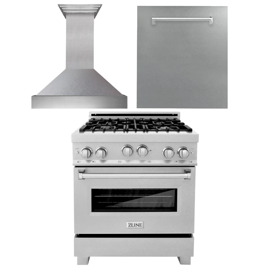 ZLINE 30 in. Kitchen Appliance Package with DuraSnow® Stainless Steel Gas Range, Ducted Range Hood and Dishwasher, 3KP-RGSRH30-DW - Inhomebuy