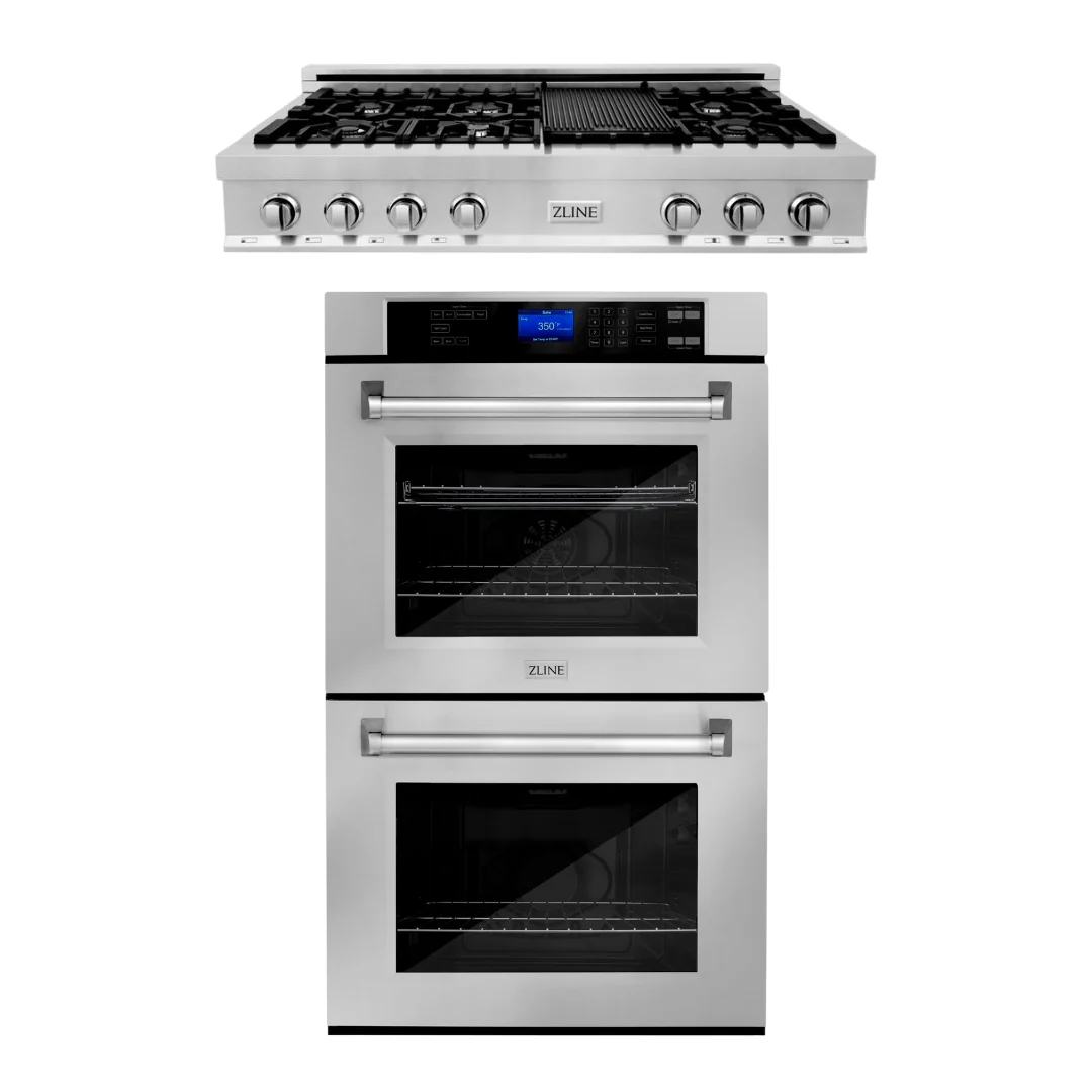ZLINE Kitchen Appliance Package with 48 in. Stainless Steel Rangetop and 30 in. Double Wall Oven, 2KP-RTAWD48 - Inhomebuy