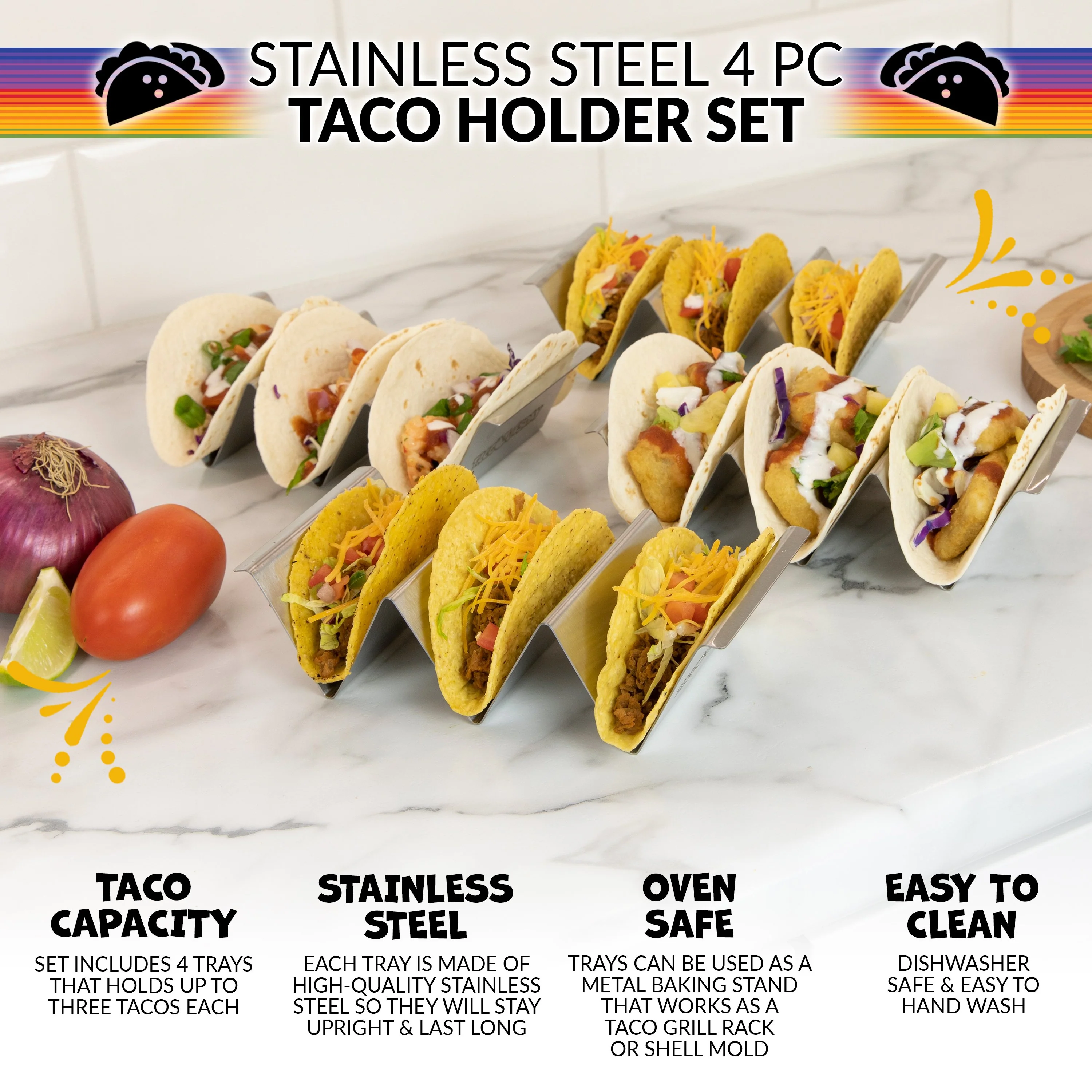 Taco Tuesday Stainless Steel 4-Piece Taco Holder Tray Set - Inhomebuy