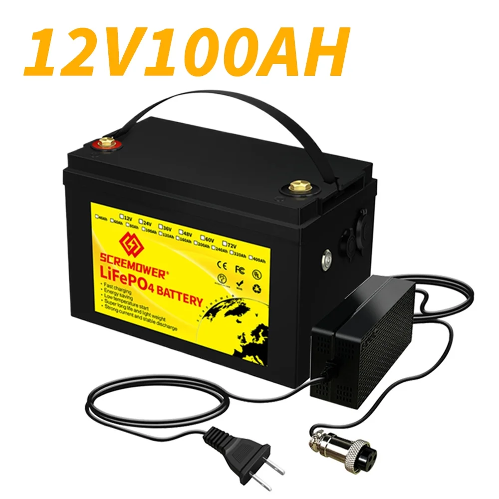 SCREMOWER LiFePO4 12V 100AH Lithium Iron Battery Built-in 100A BMS for RV, Kids Ride on Car,Golf Cart - Inhomebuy