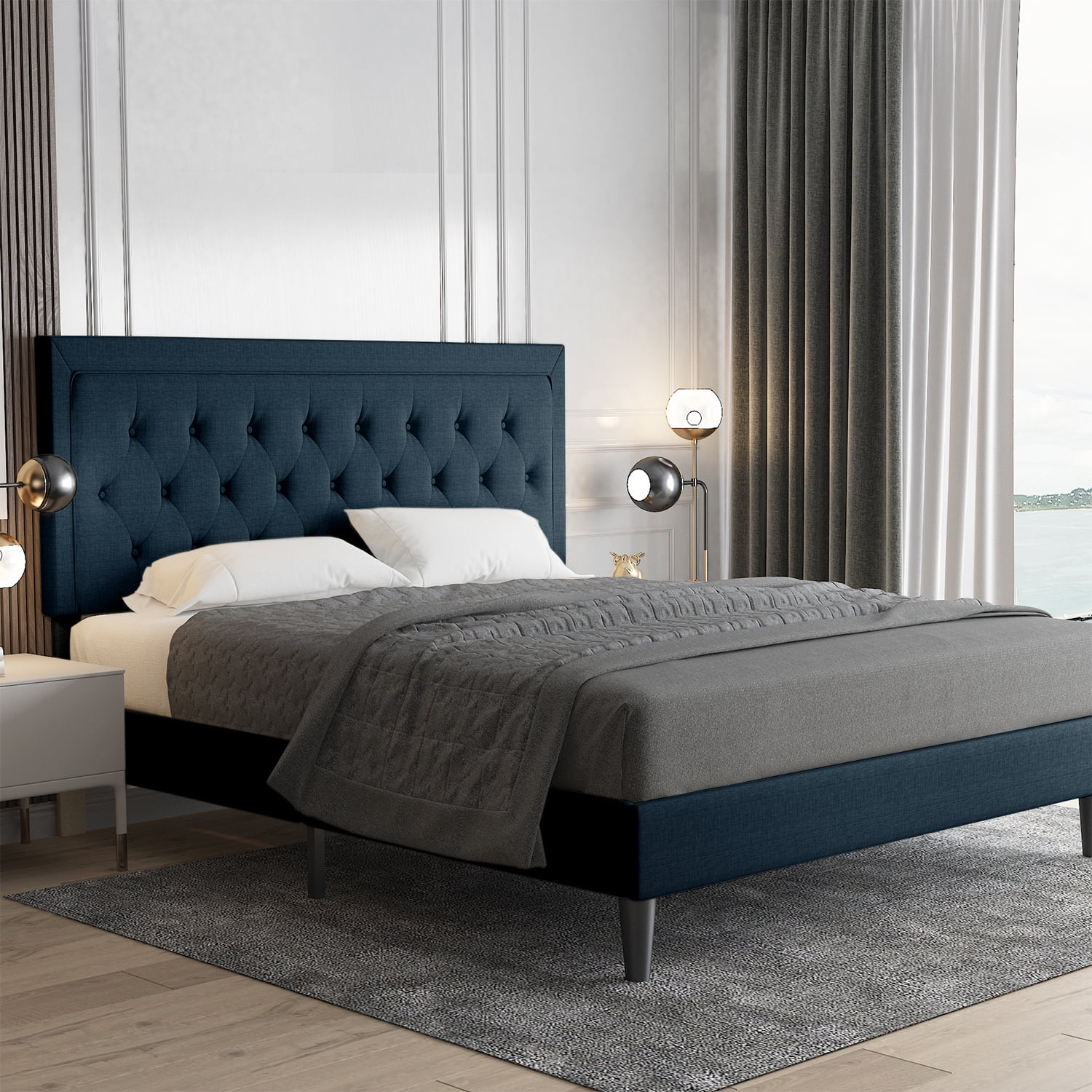Allewie Queen Size Bed Frame Upholstered Platform Bed with Adjustable Headboard, Box Spring not Needed, Dark Grey - Inhomebuy