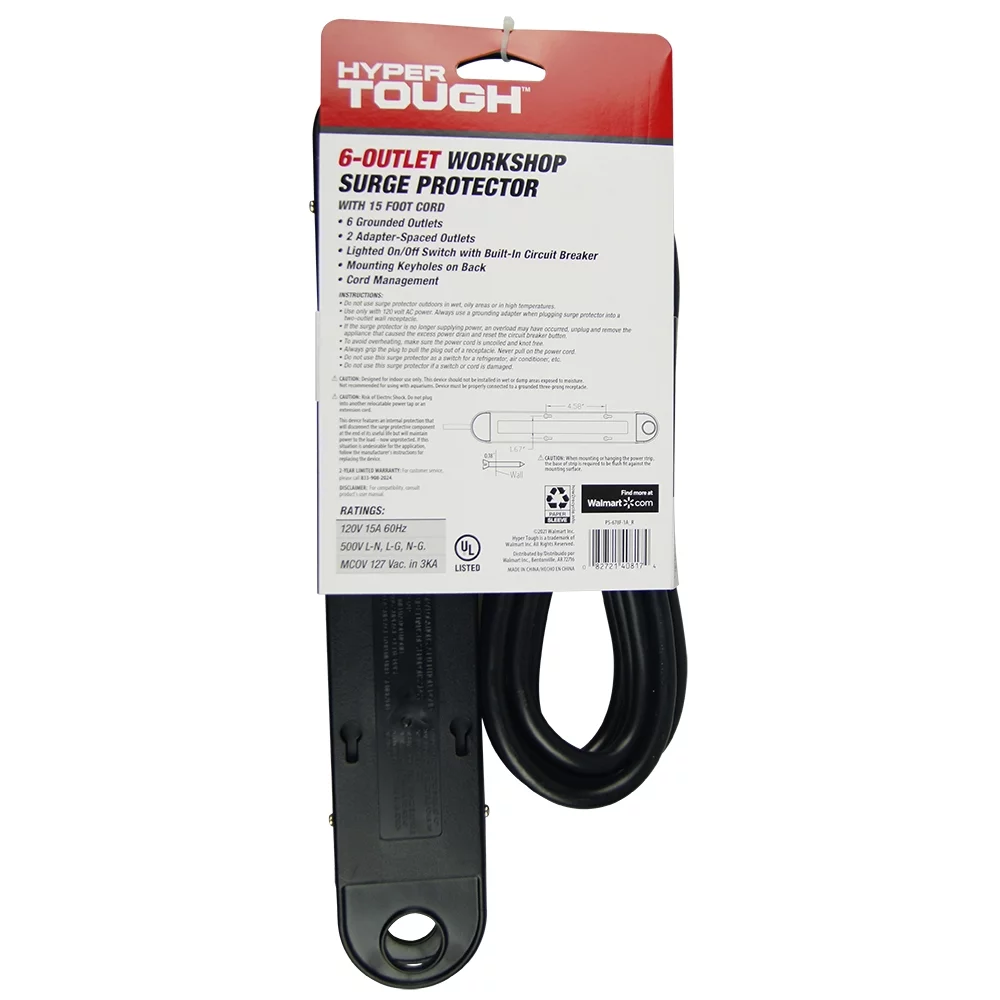 Hyper Tough 6-Outlet 15ft Cord Metal Surge with 500-Joule Protection - Inhomebuy
