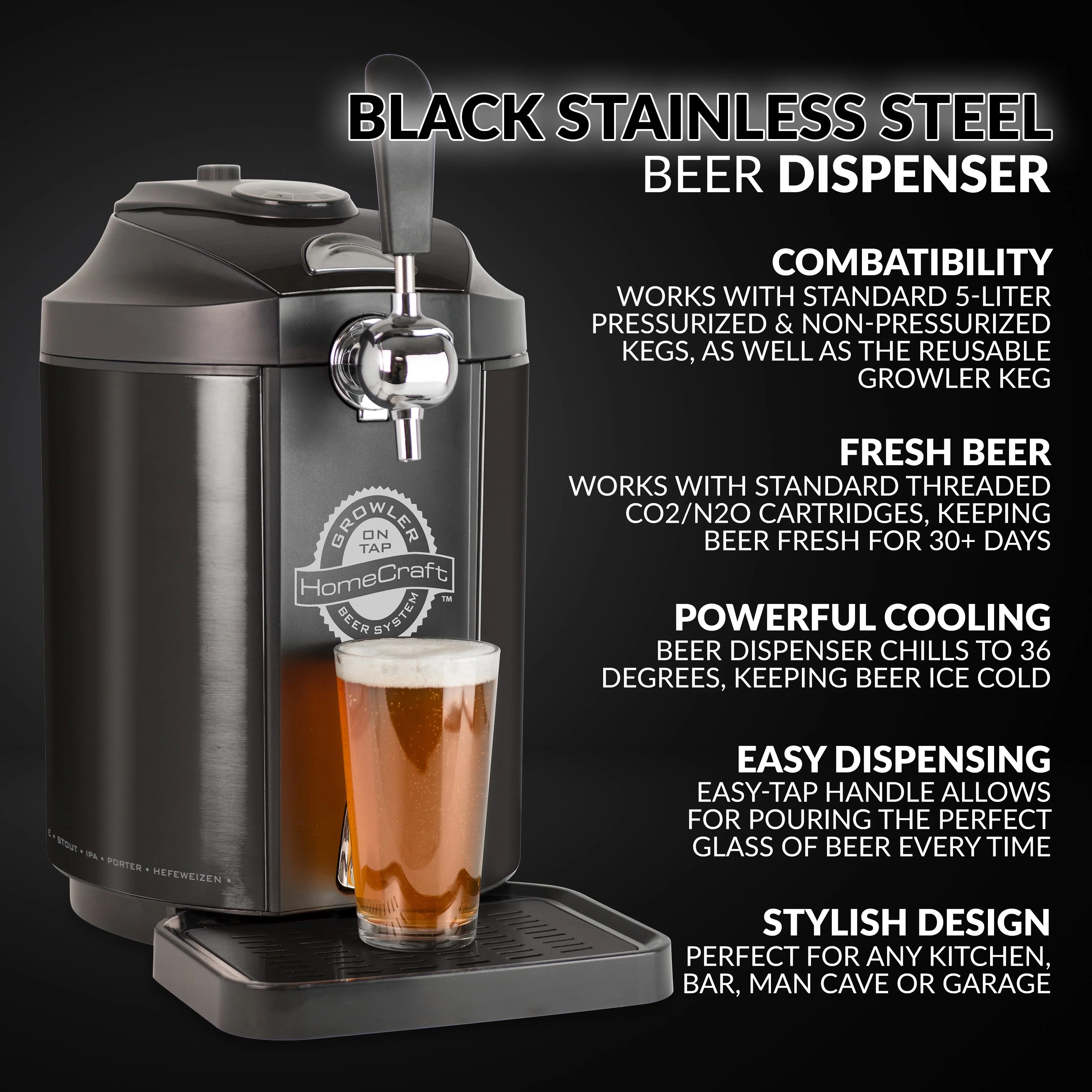 HomeCraft�?Black Stainless Steel Tap Beer Growler Cooling System - Inhomebuy