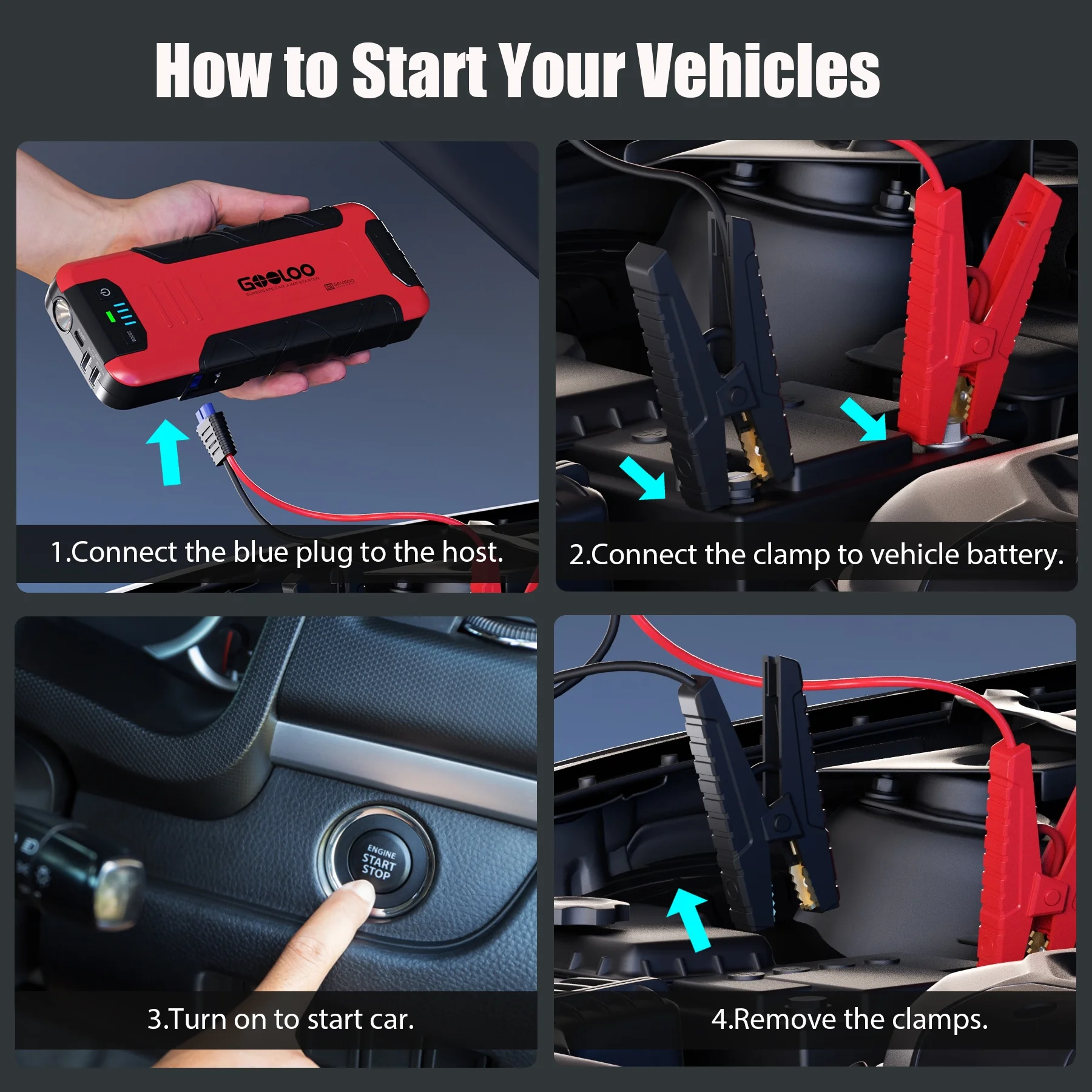 GOOLOO Car Battery Jump Starter,4500A Peak Jump Starter with USB Quick Charge (for 10L Gas or Up to 8L Diesel),GE4500 12V Jumper Pack with LED Light Powerful - Inhomebuy